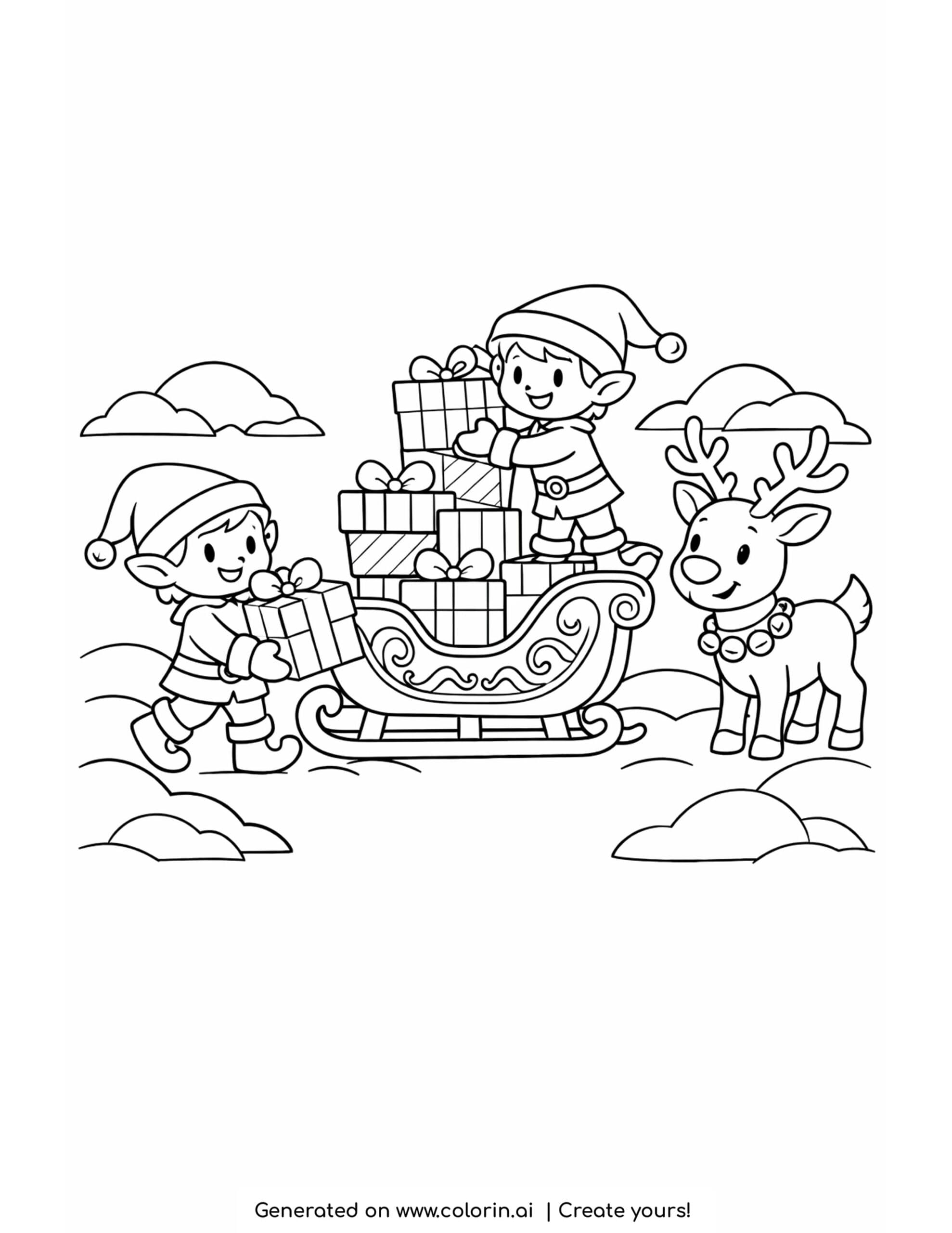 christmas coloring pages for kids, two elves loading wrapped gifts onto a sleigh while a reindeer watches