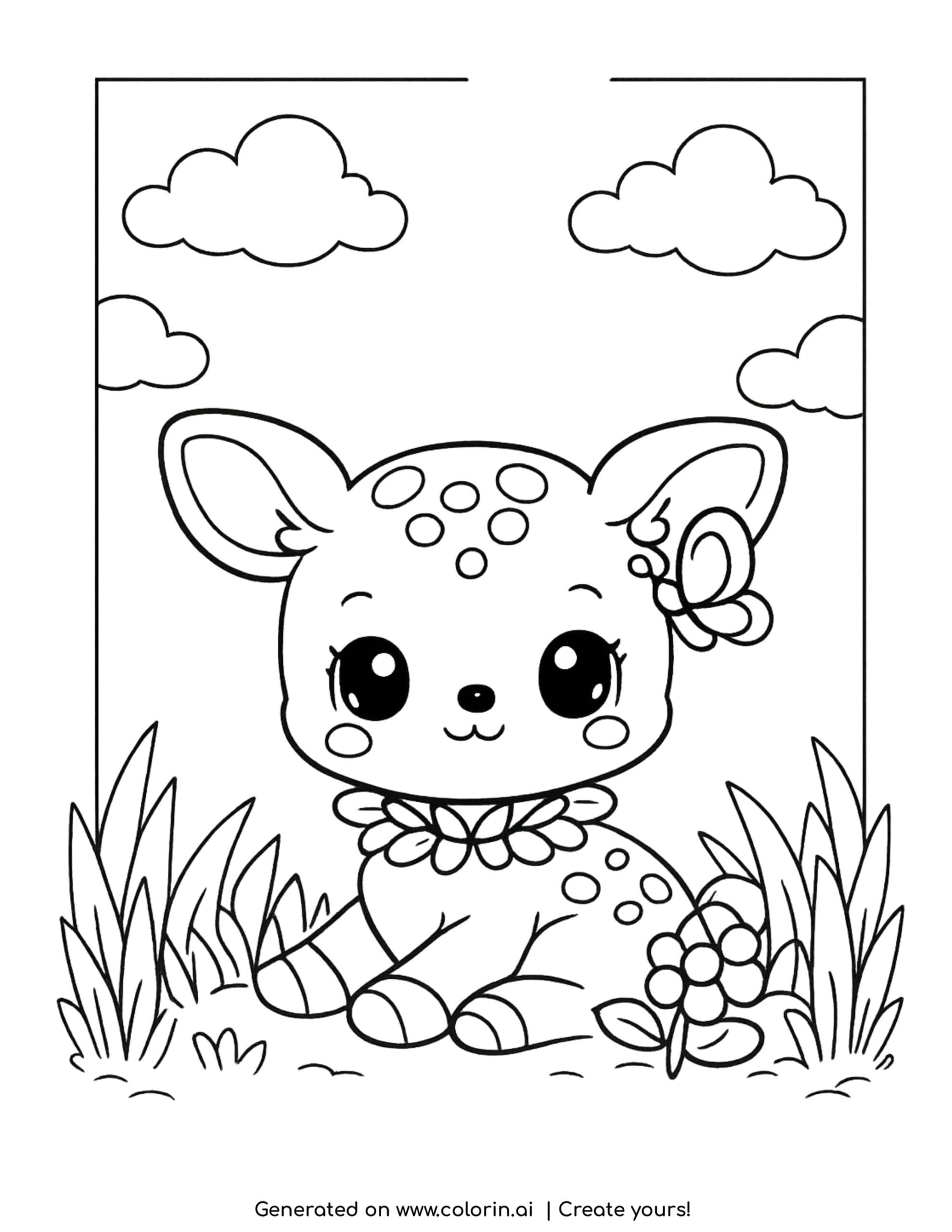 cute deer coloring pages, a spotted fawn with a flower collar and a small butterfly sitting in grass