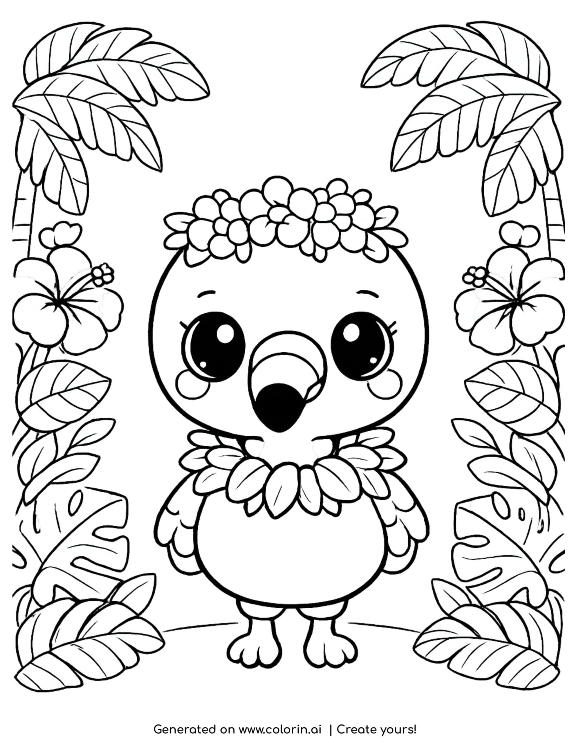 cute flamingo coloring pages, a baby flamingo wearing a flower crown among tropical palms and hibiscus