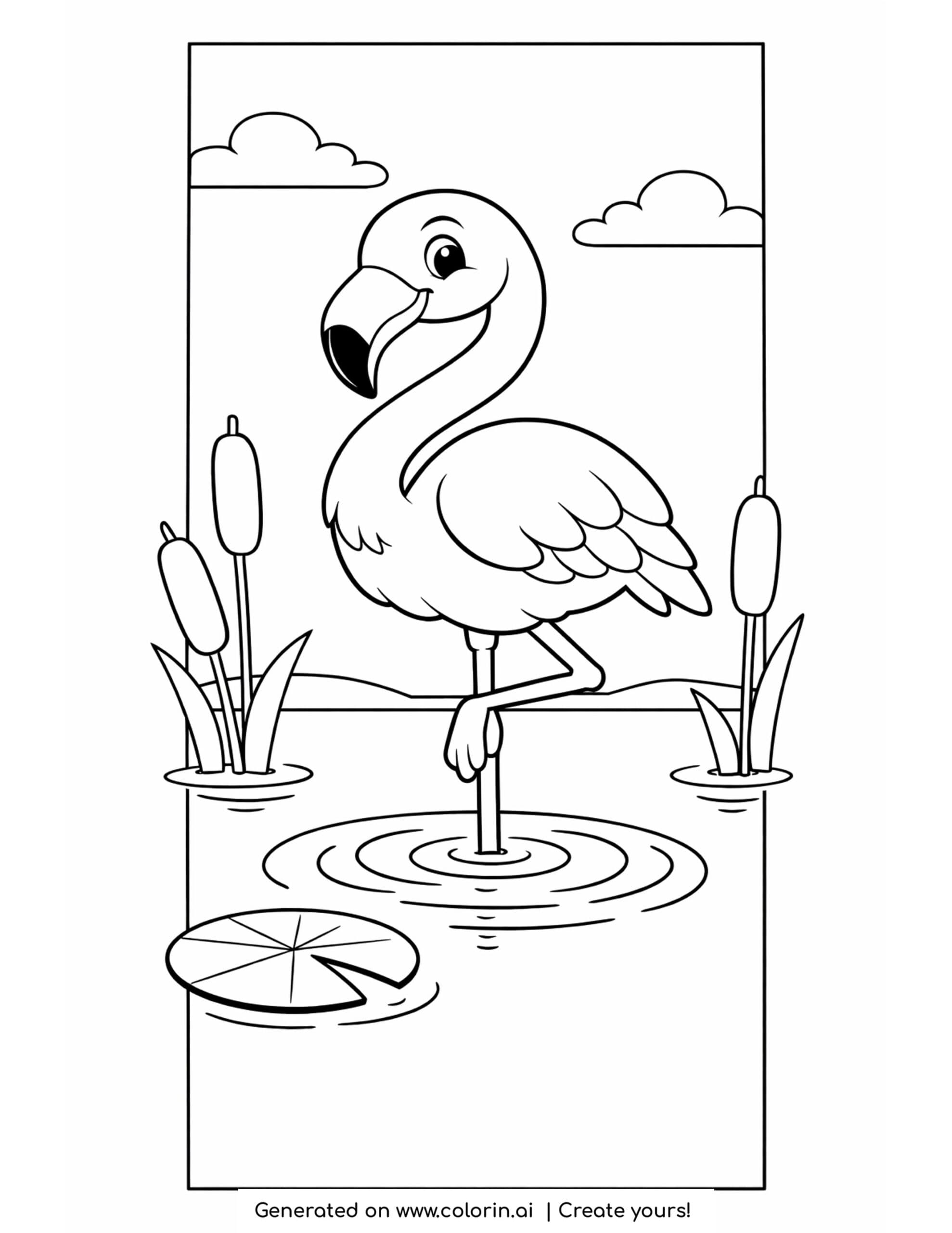 flamingo coloring pages, a flamingo standing on one leg in a calm lagoon with cattails and a lily pad