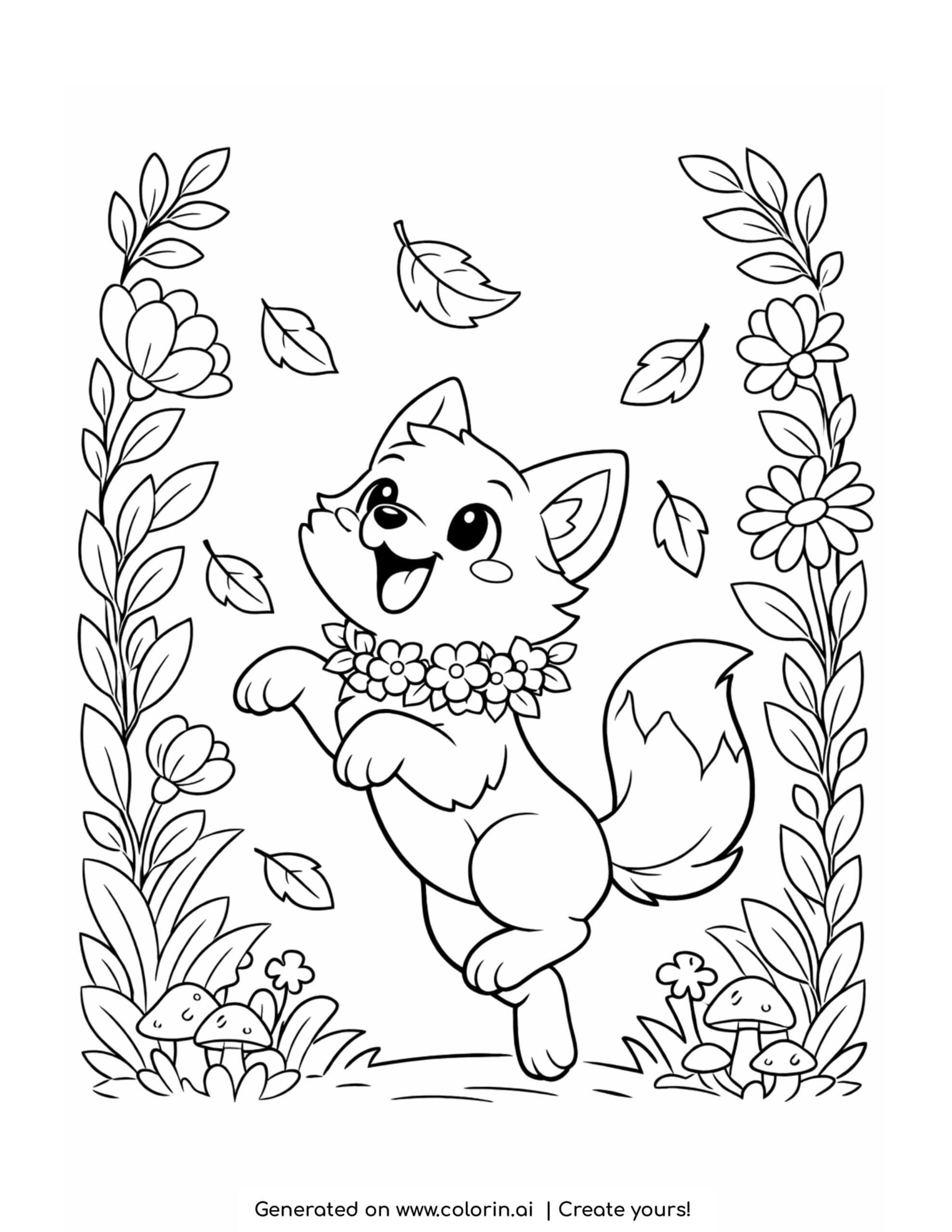 fox coloring pages, a fox reaching for a falling leaf among autumn leaves