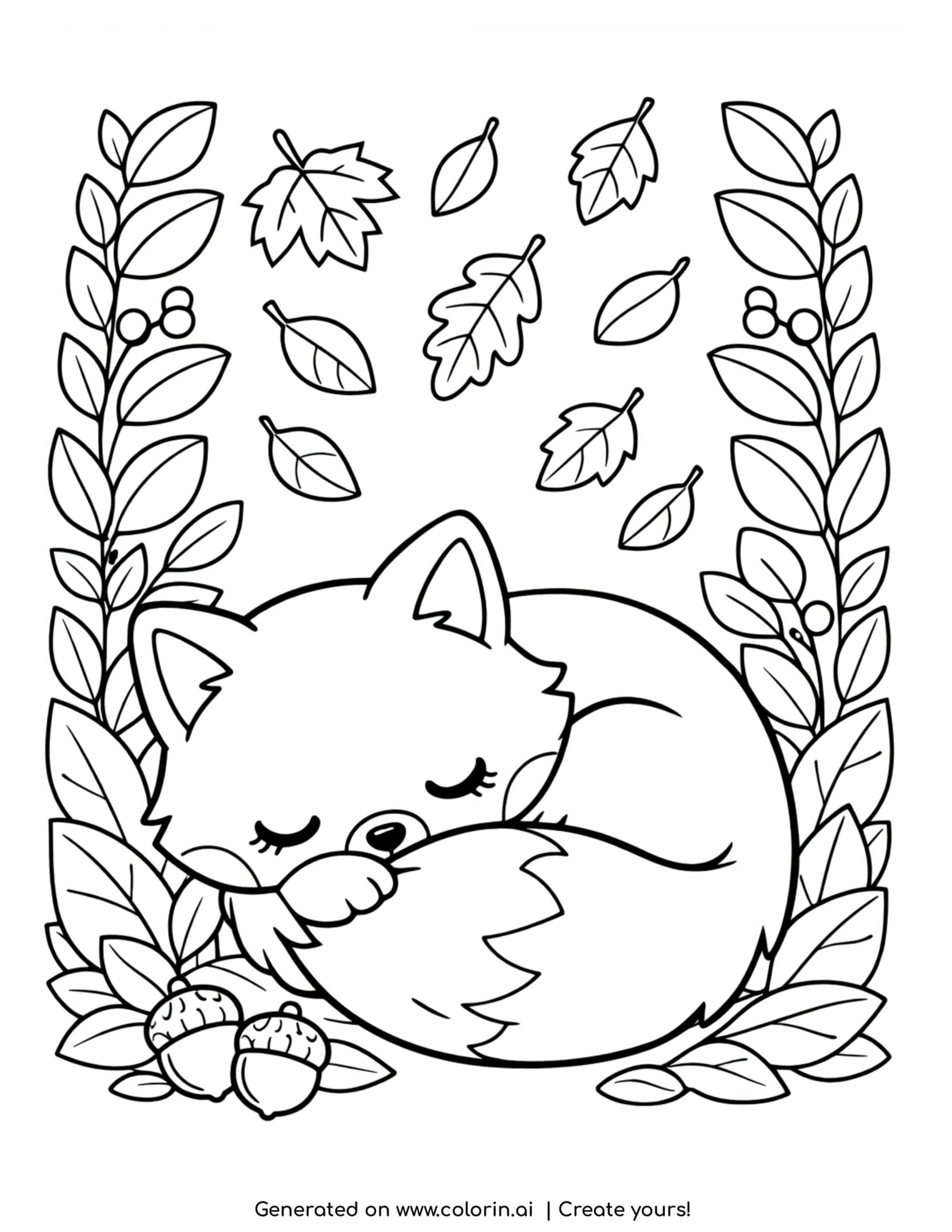 cute fox coloring pages, a curled-up fox napping under falling autumn leaves with acorns
