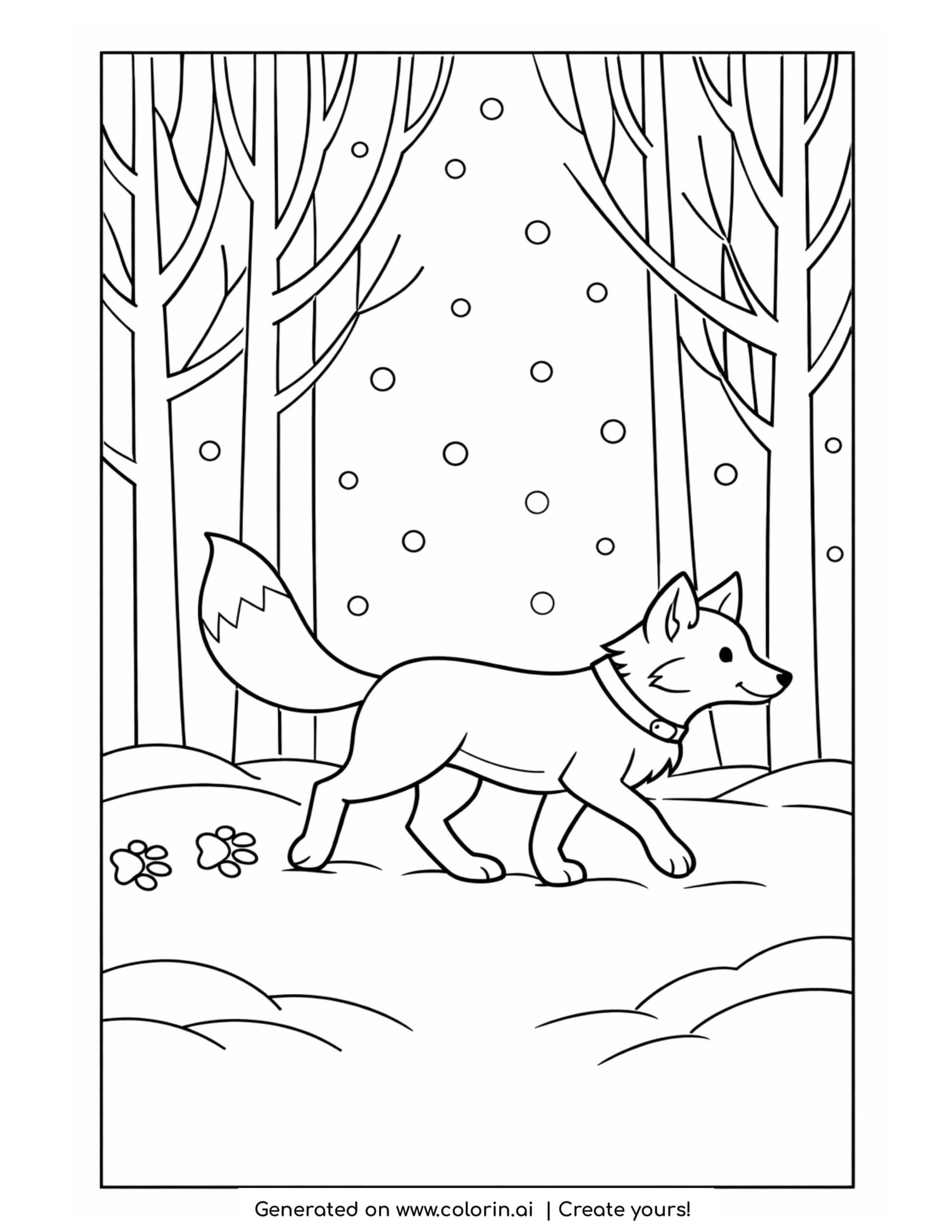 fox coloring pages, a fox trotting through a snowy forest with bare trees, paw prints and falling snow