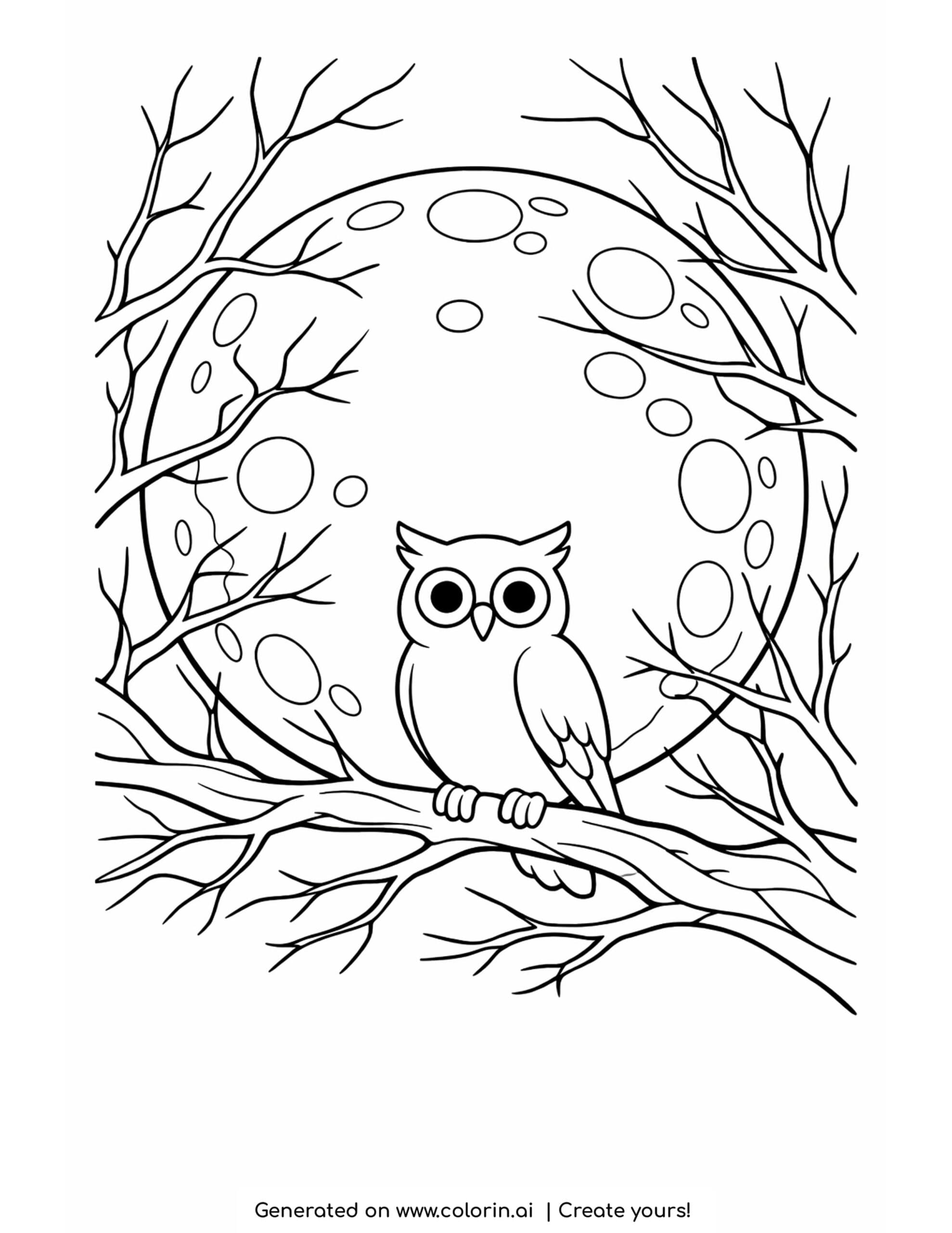 full moon coloring pages, a large full moon with craters behind bare branches and an owl
