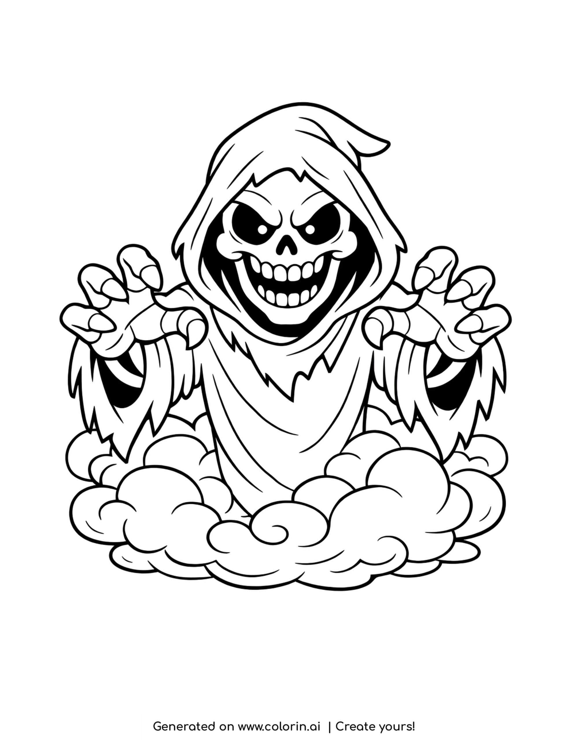 ghoul coloring pages, a grinning hooded ghoul with bony hands emerging from swirling mist