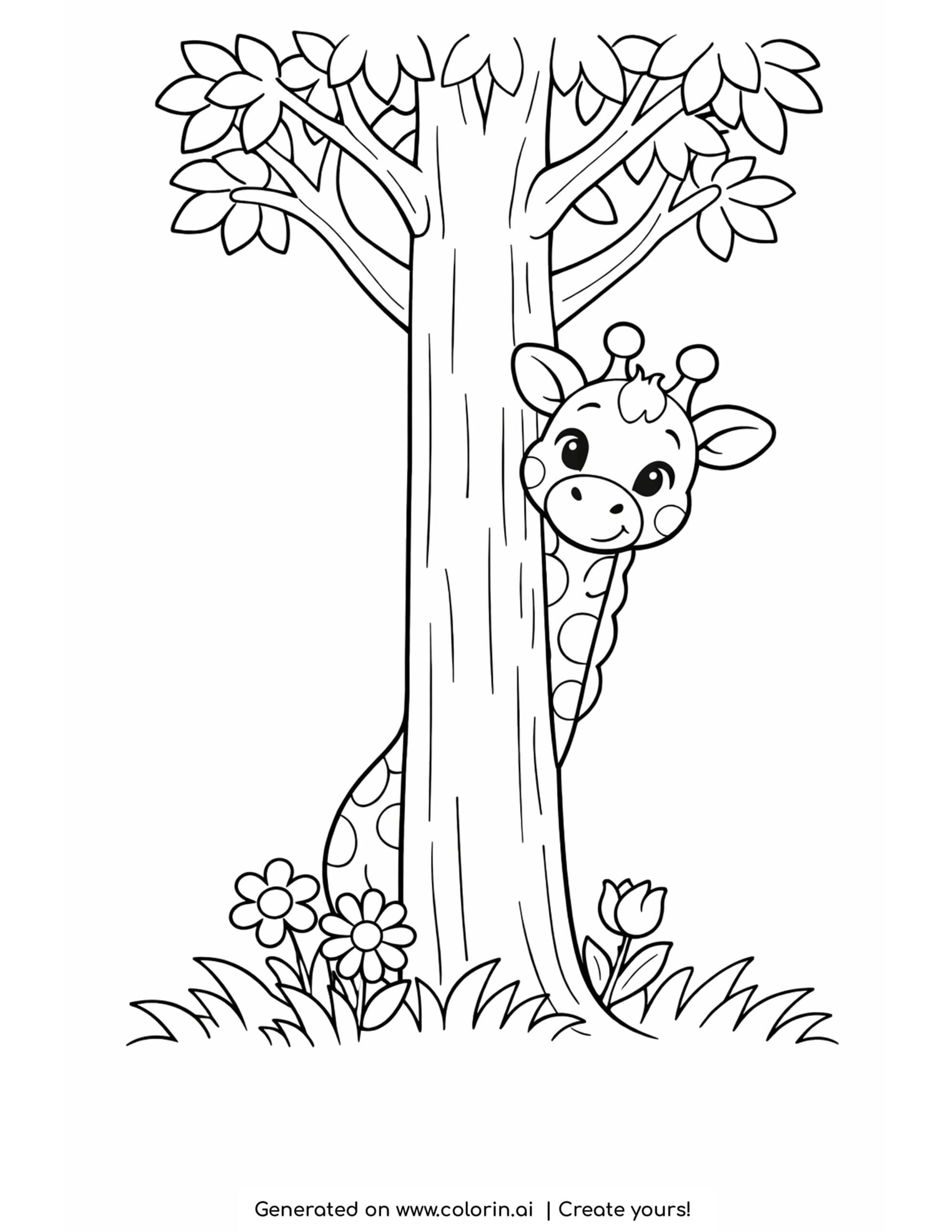 giraffe coloring pages, a giraffe peeking around a tree with flowers at the base