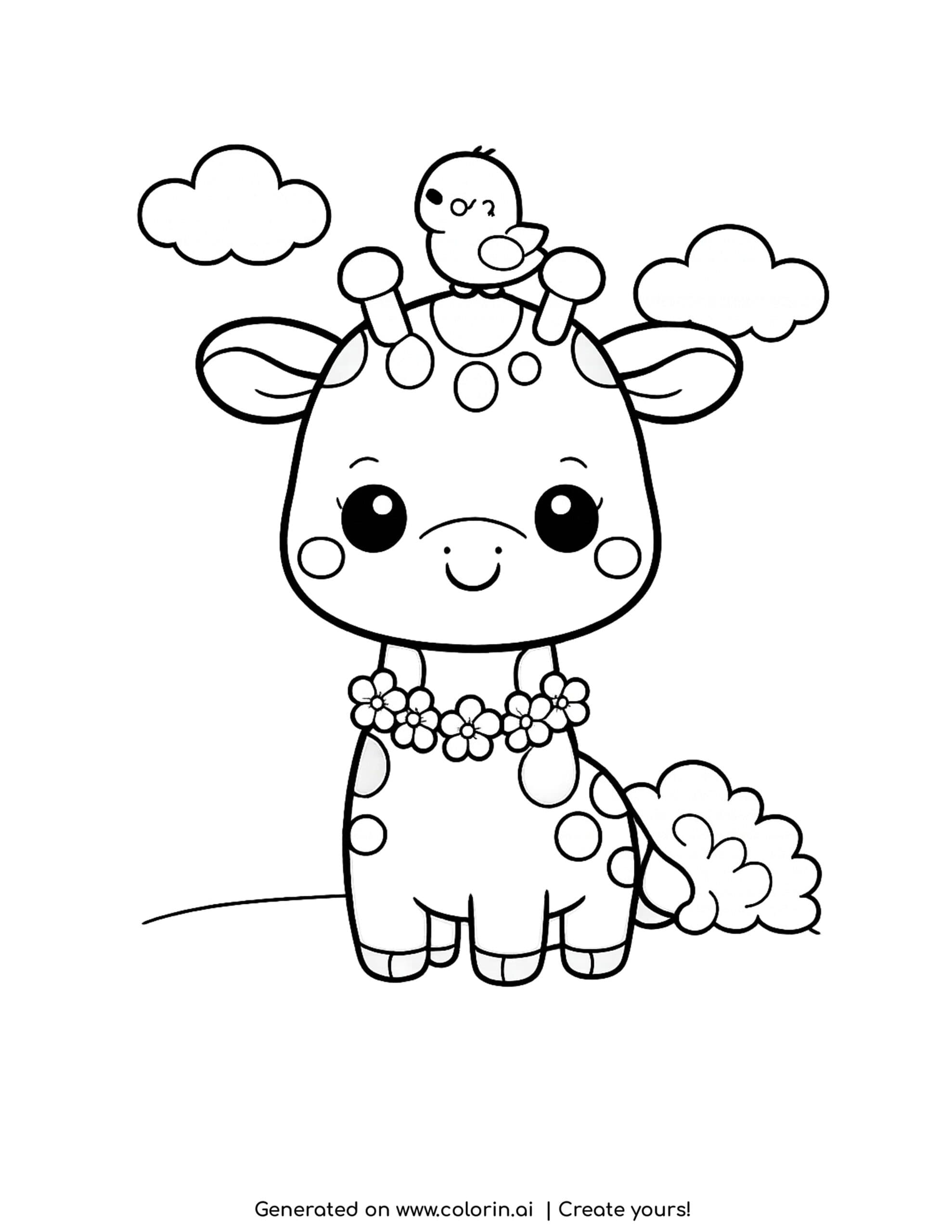 cute giraffe coloring pages, a smiling baby giraffe with a tiny bird on its head and a flower collar