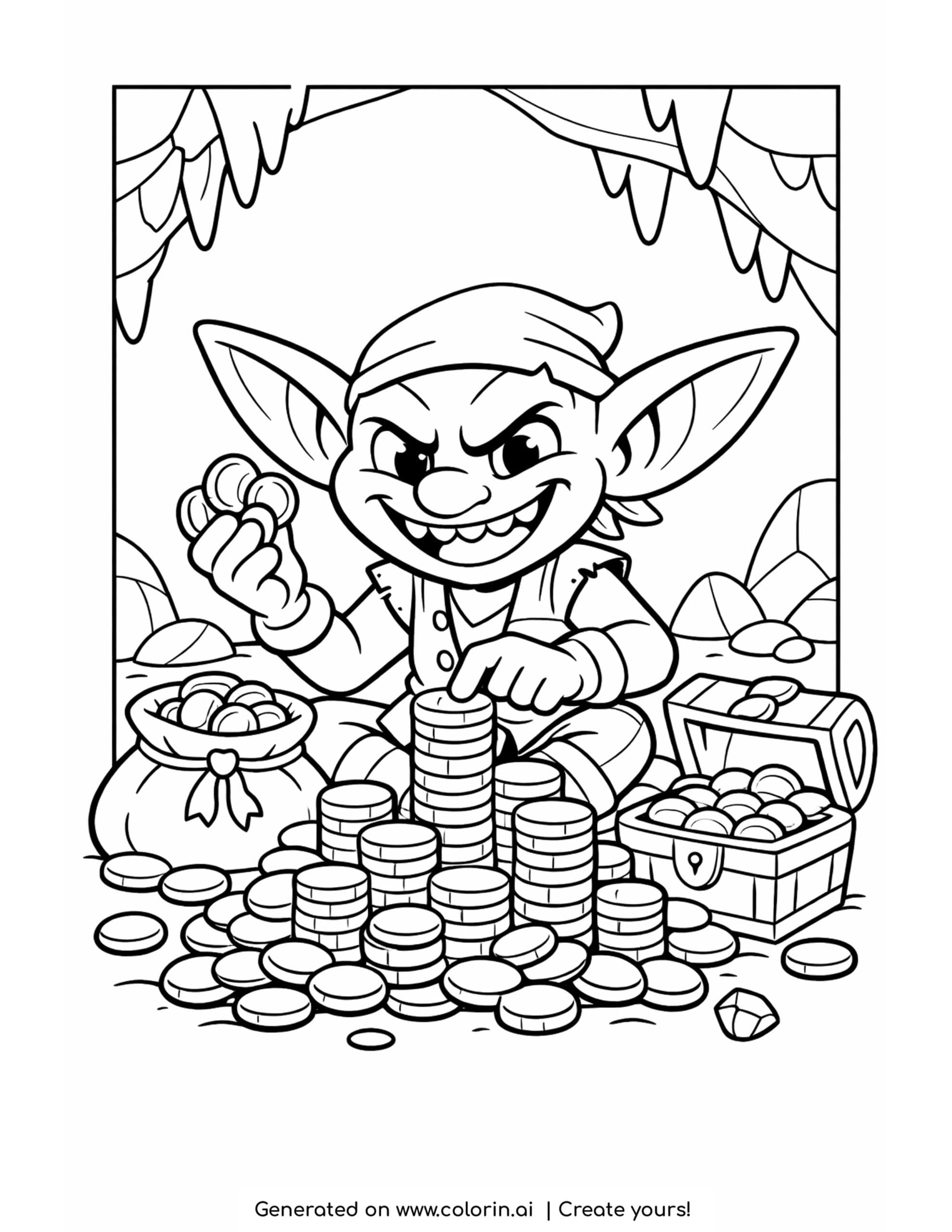goblin coloring pages, a sneaky goblin counting gold coins in a cave with a treasure chest