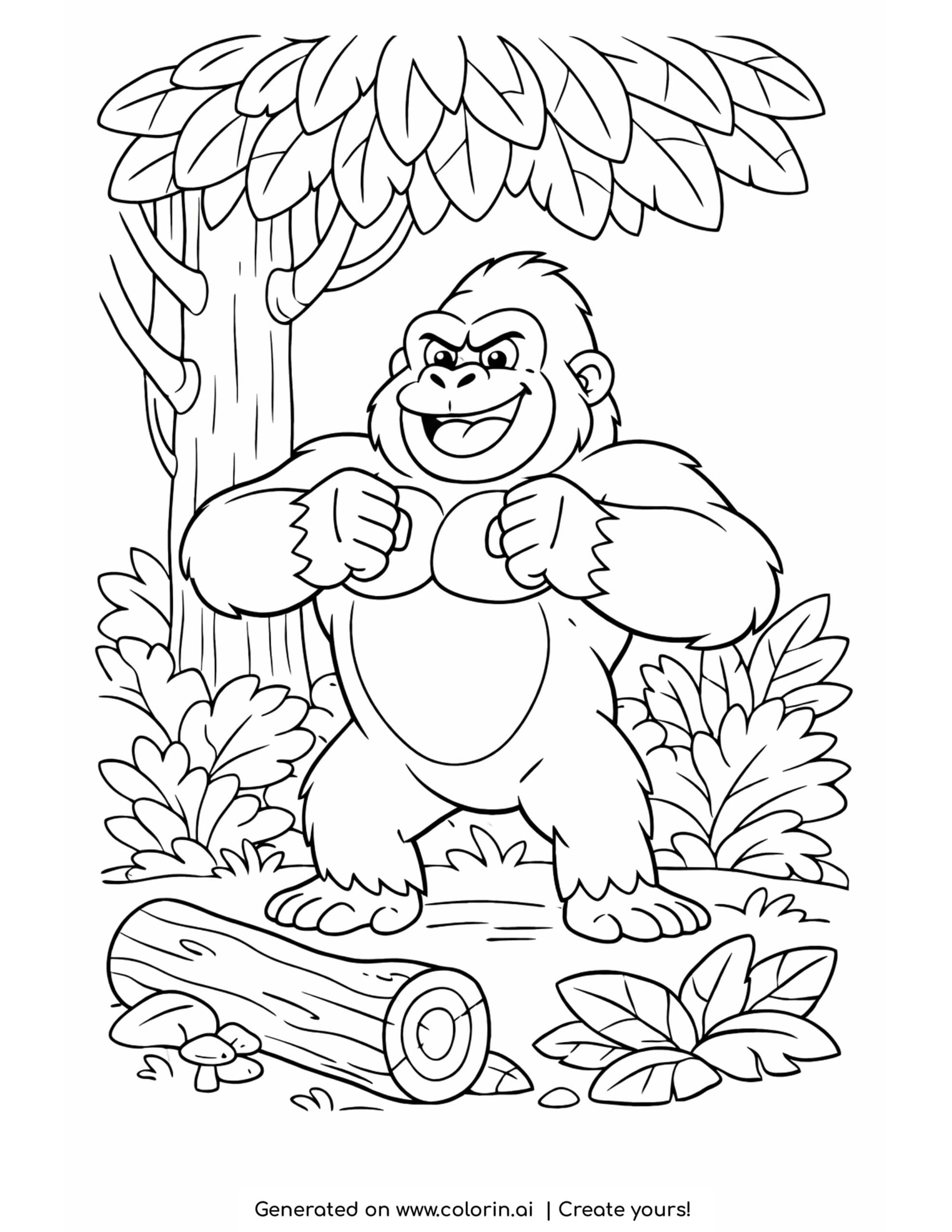 gorilla coloring pages, a proud gorilla beating its chest in the jungle beside a log and mushrooms