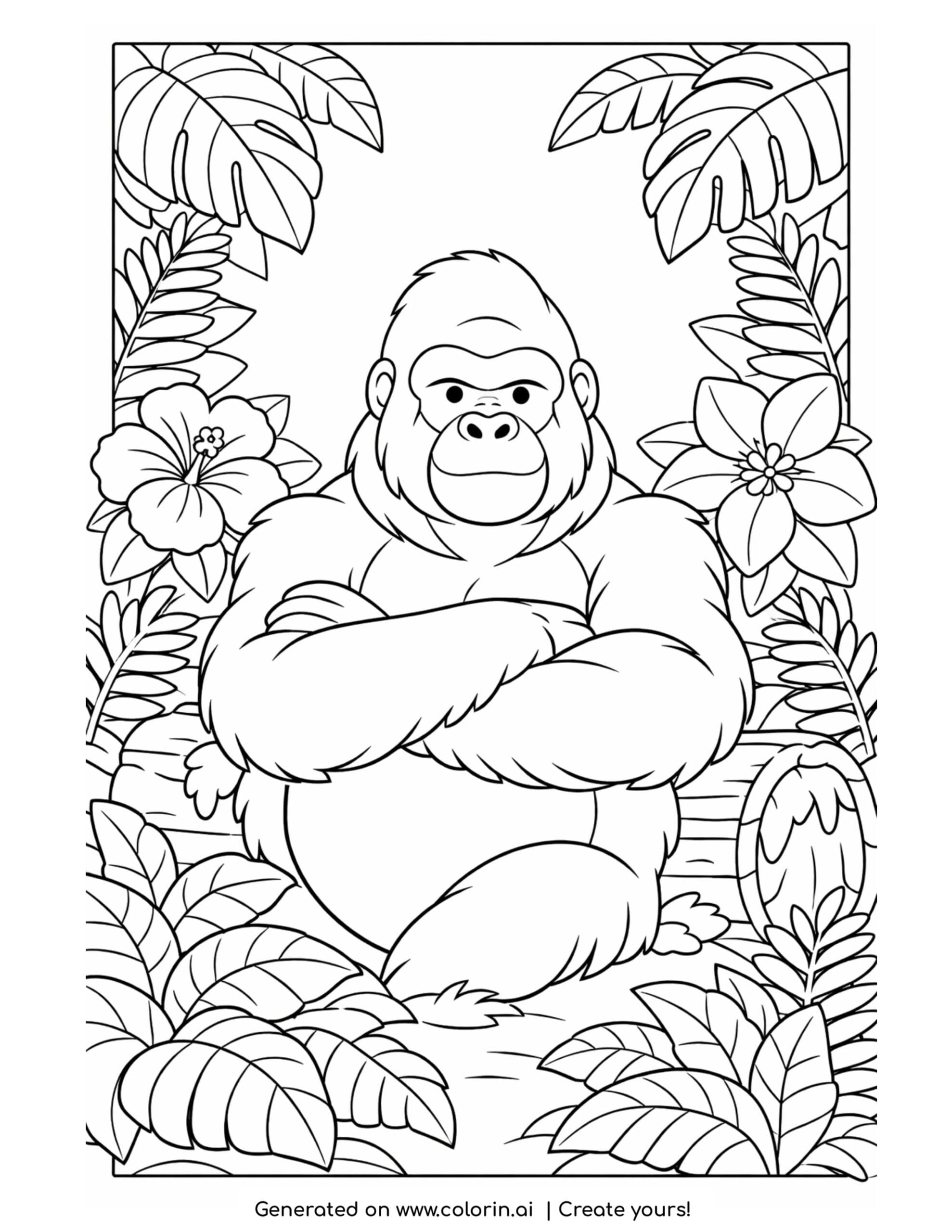 gorilla coloring pages, a calm gorilla resting against a mossy log surrounded by jungle leaves and flowers