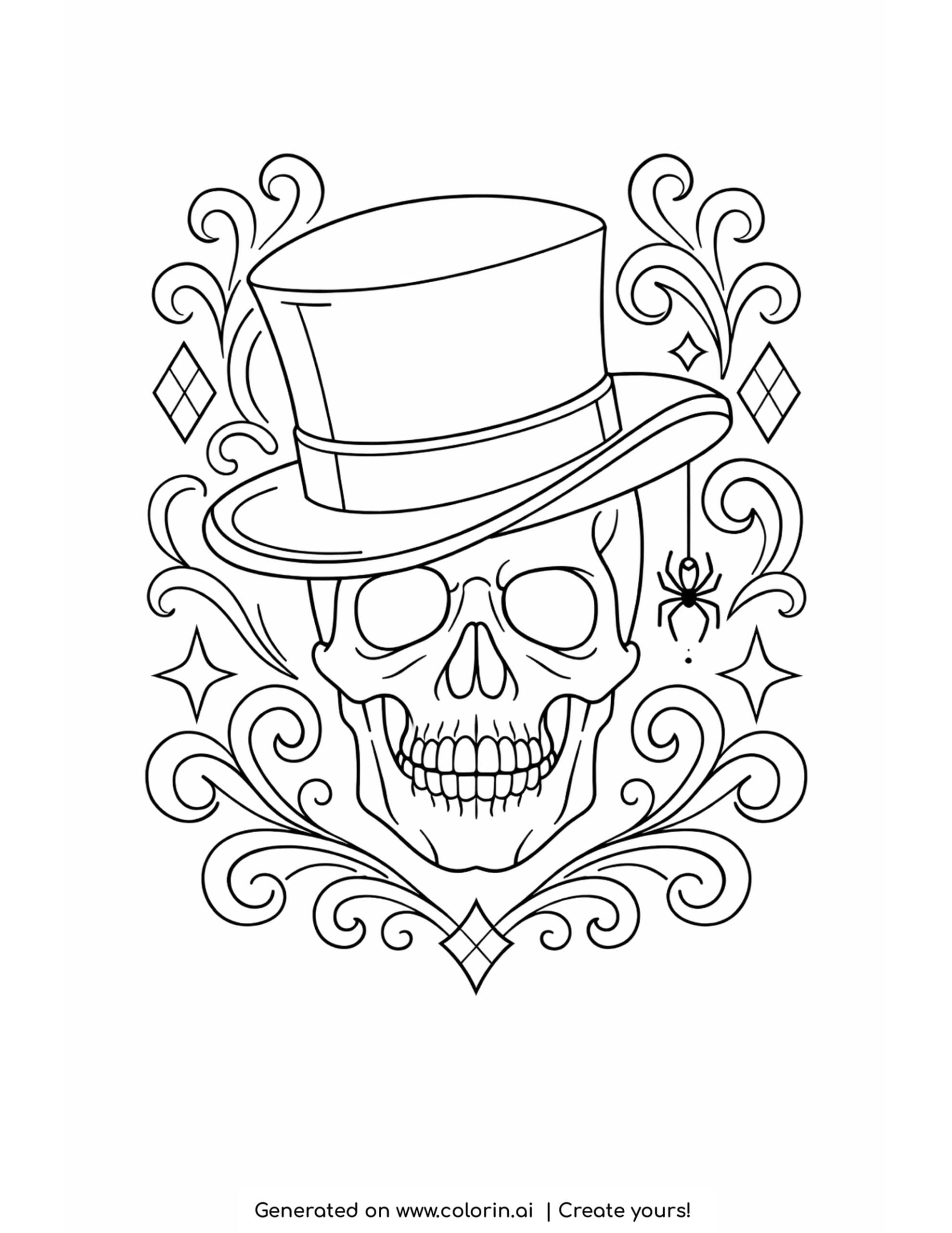 halloween skull coloring pages, a skull wearing a tilted top hat with a spider hanging off the brim and swirls