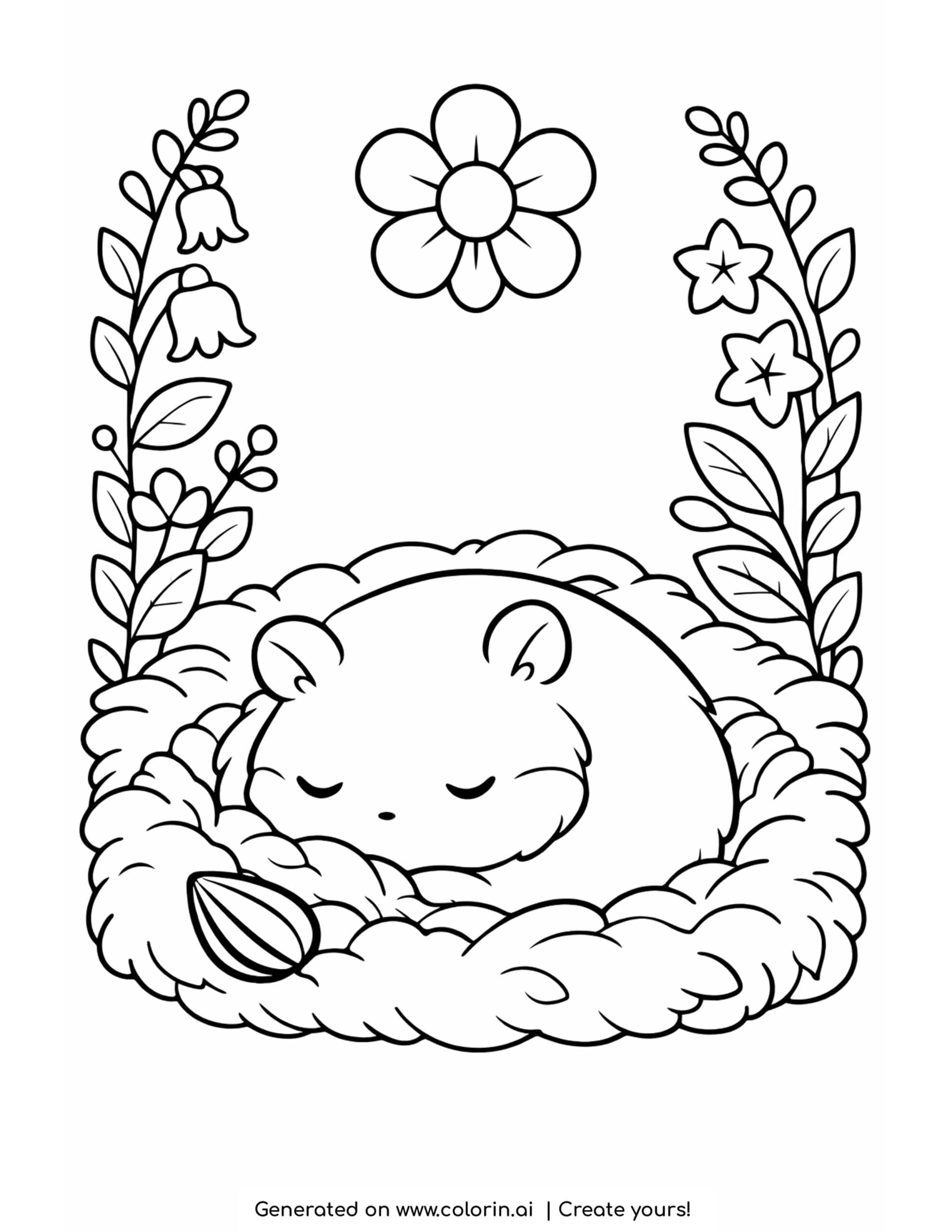 cute hamster coloring pages, a tiny hamster curled asleep in a cozy woven nest with a seed and flowers