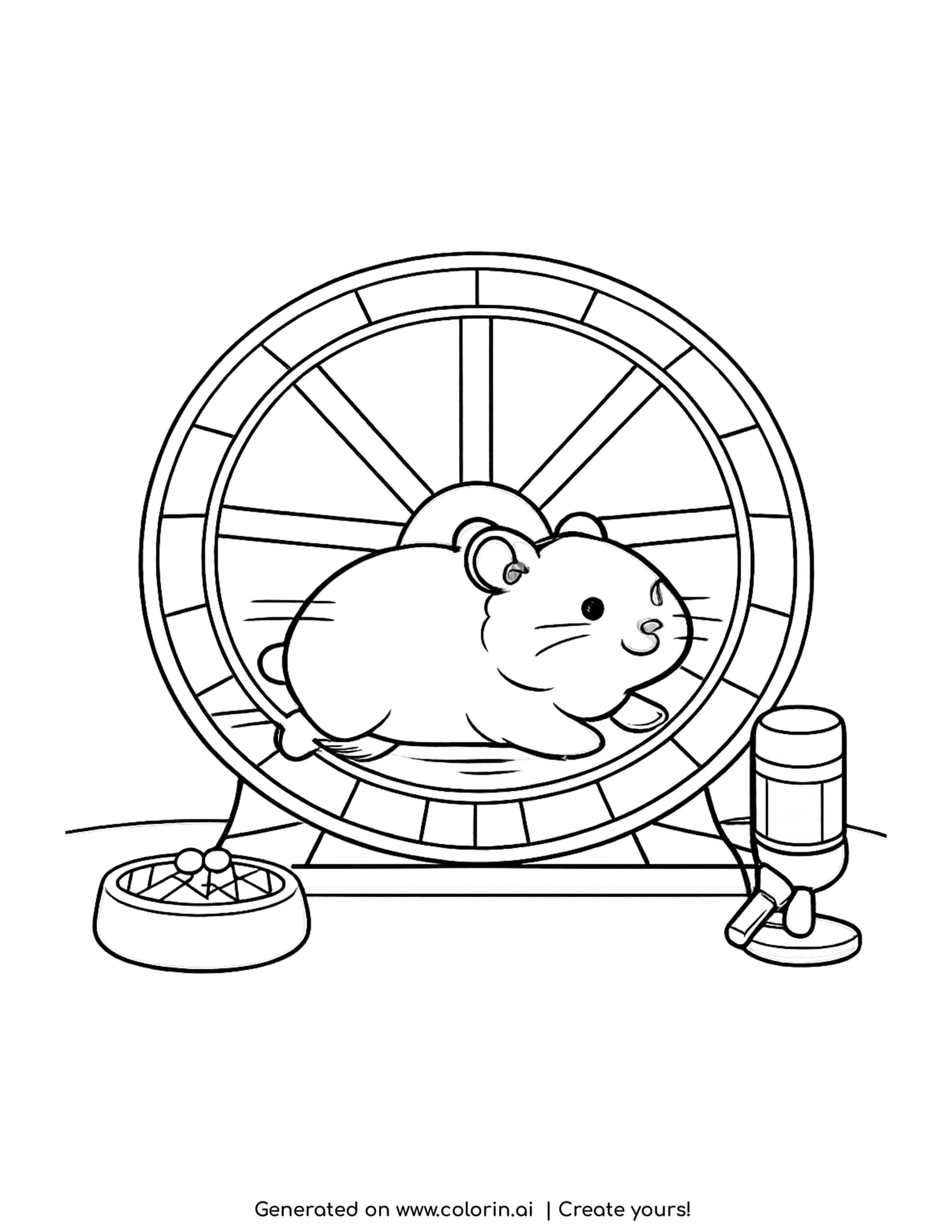 hamster coloring pages, a hamster running on its exercise wheel with a food bowl and water bottle