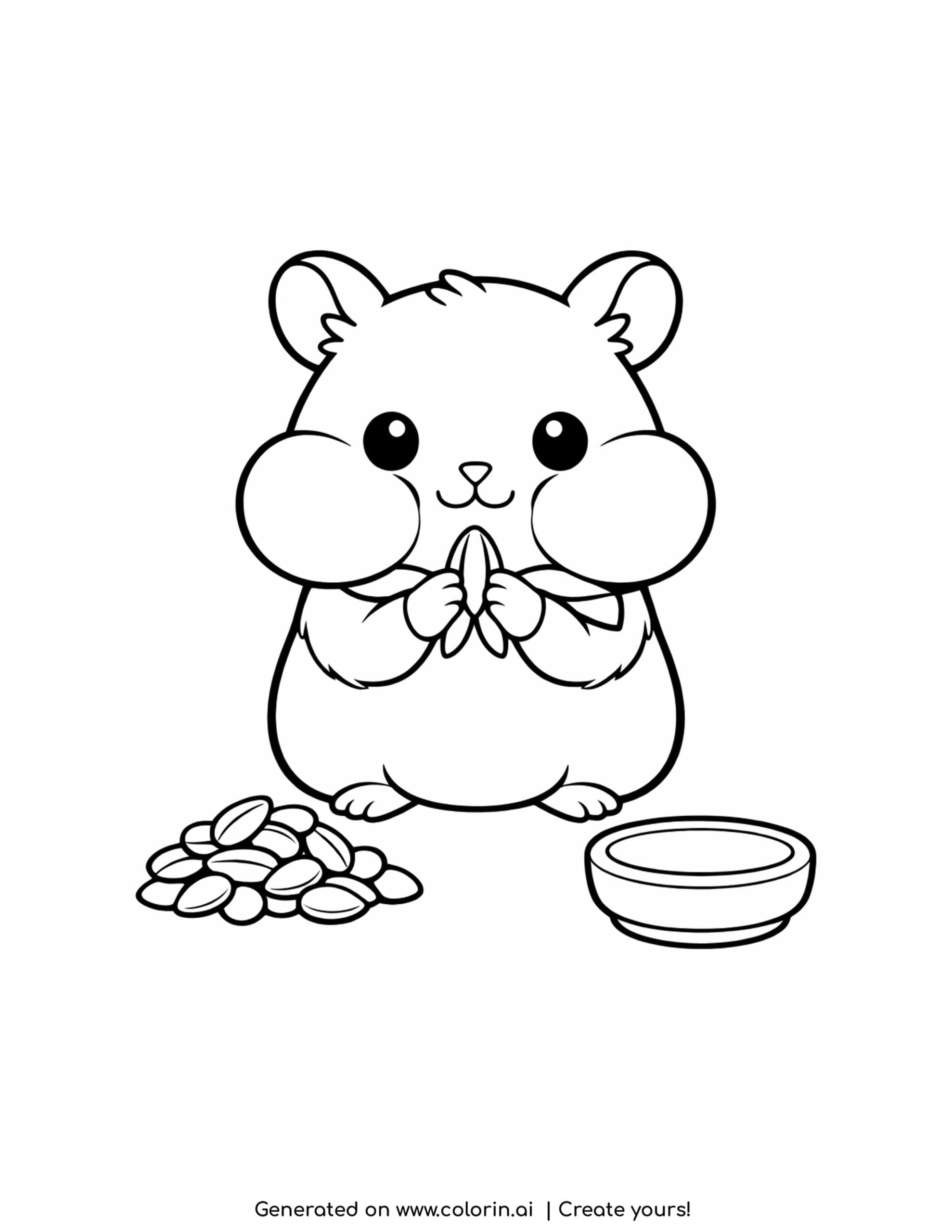 hamster coloring pages, a round hamster with stuffed cheeks holding a seed beside a pile of seeds and a bowl