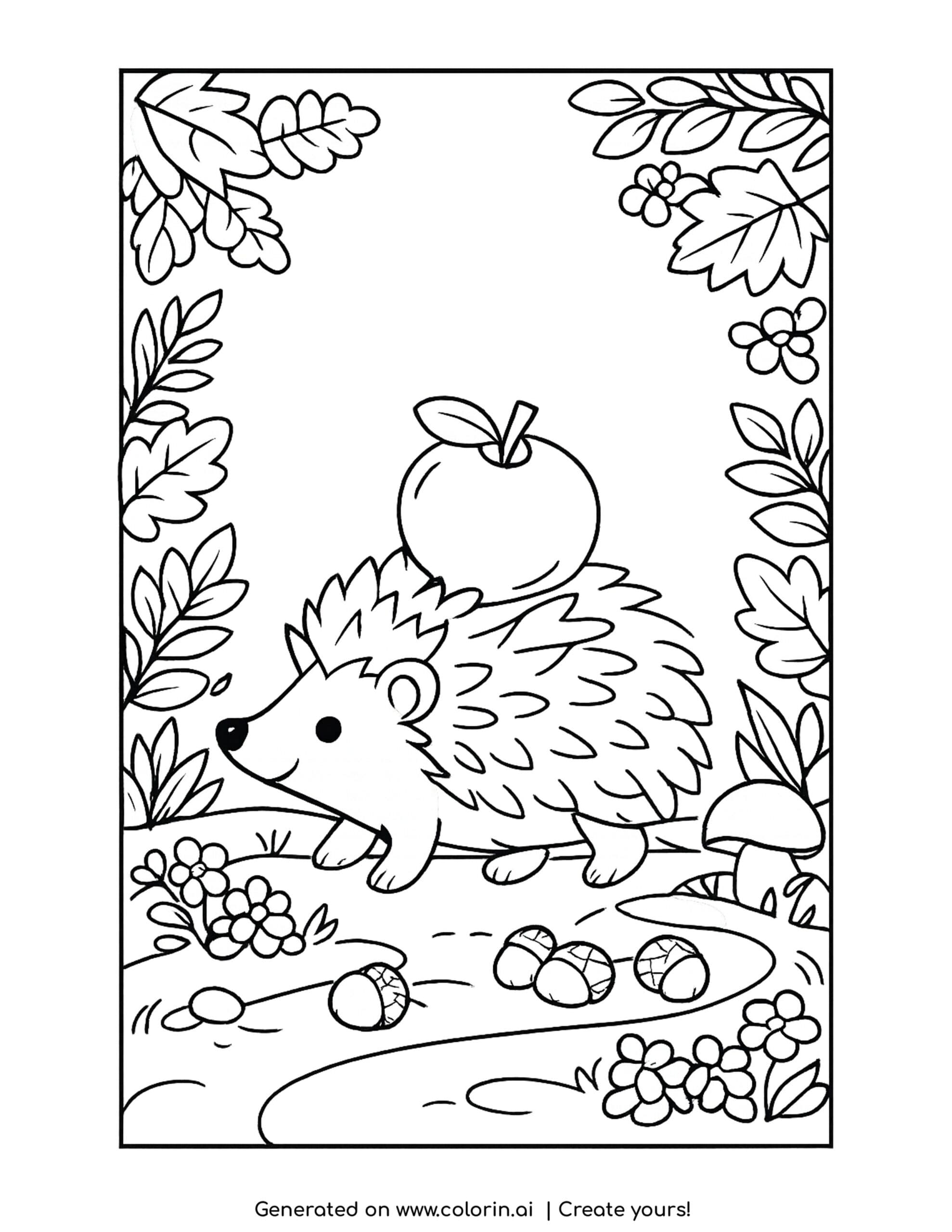Hedgehog Carrying an Apple on Its Spines Coloring Page