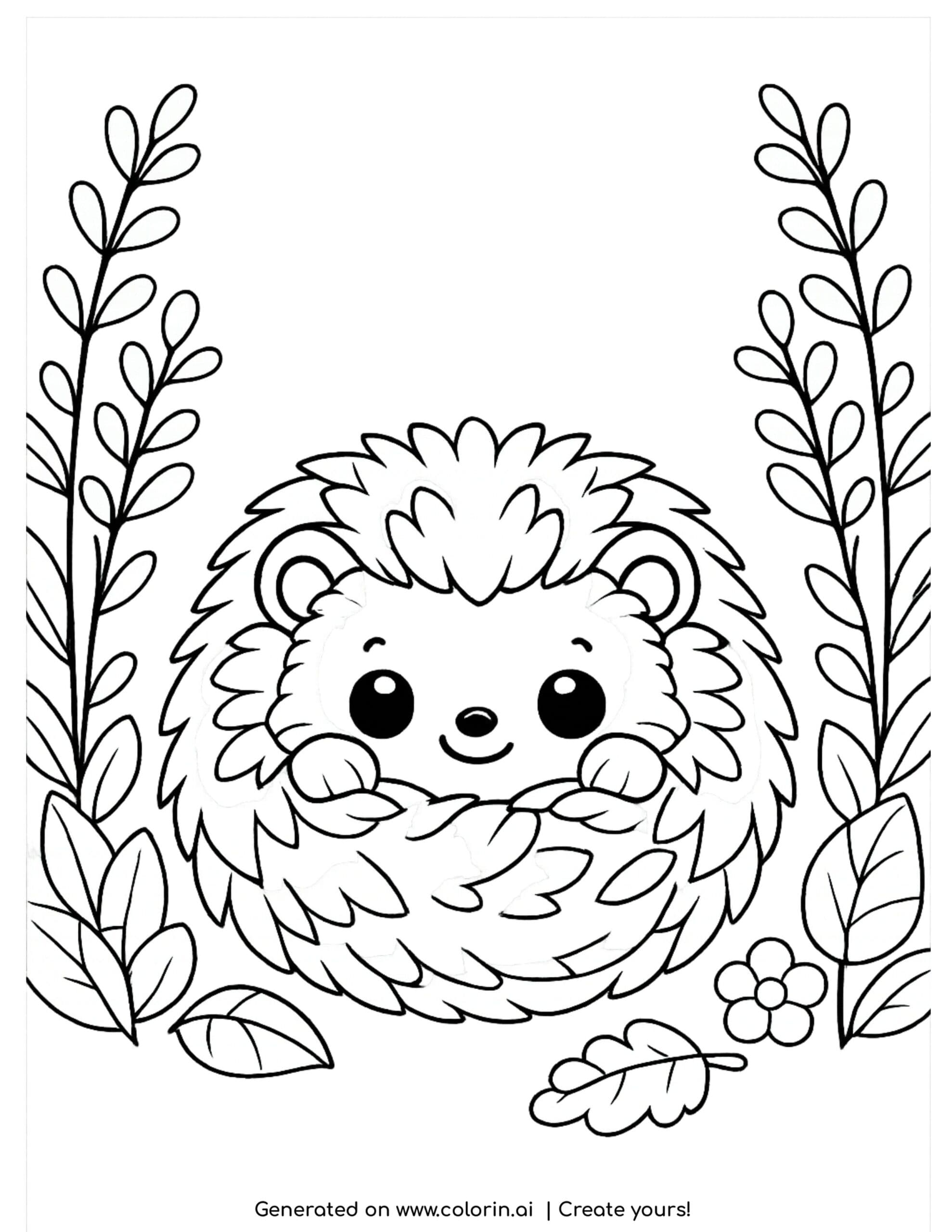 cute hedgehog coloring pages, a kawaii hedgehog curled into a ball among leaves