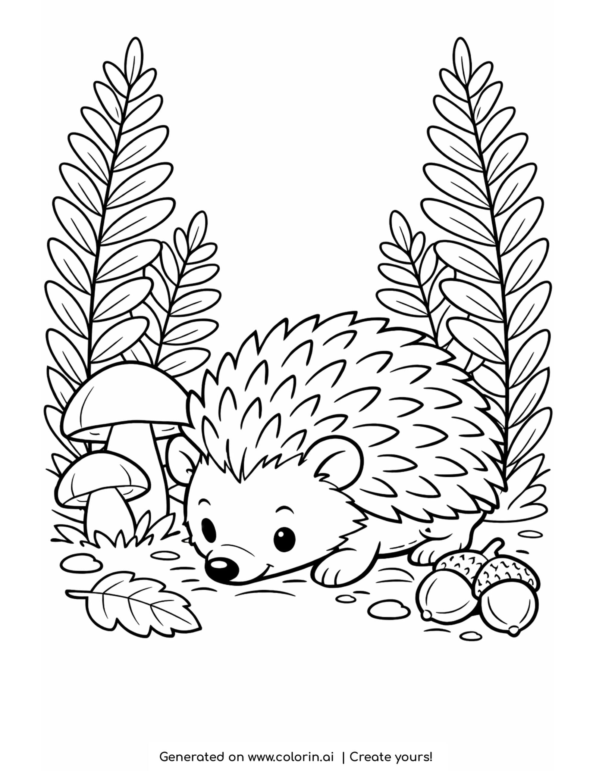 hedgehog coloring pages, a little hedgehog exploring a forest floor with mushrooms, ferns and acorns