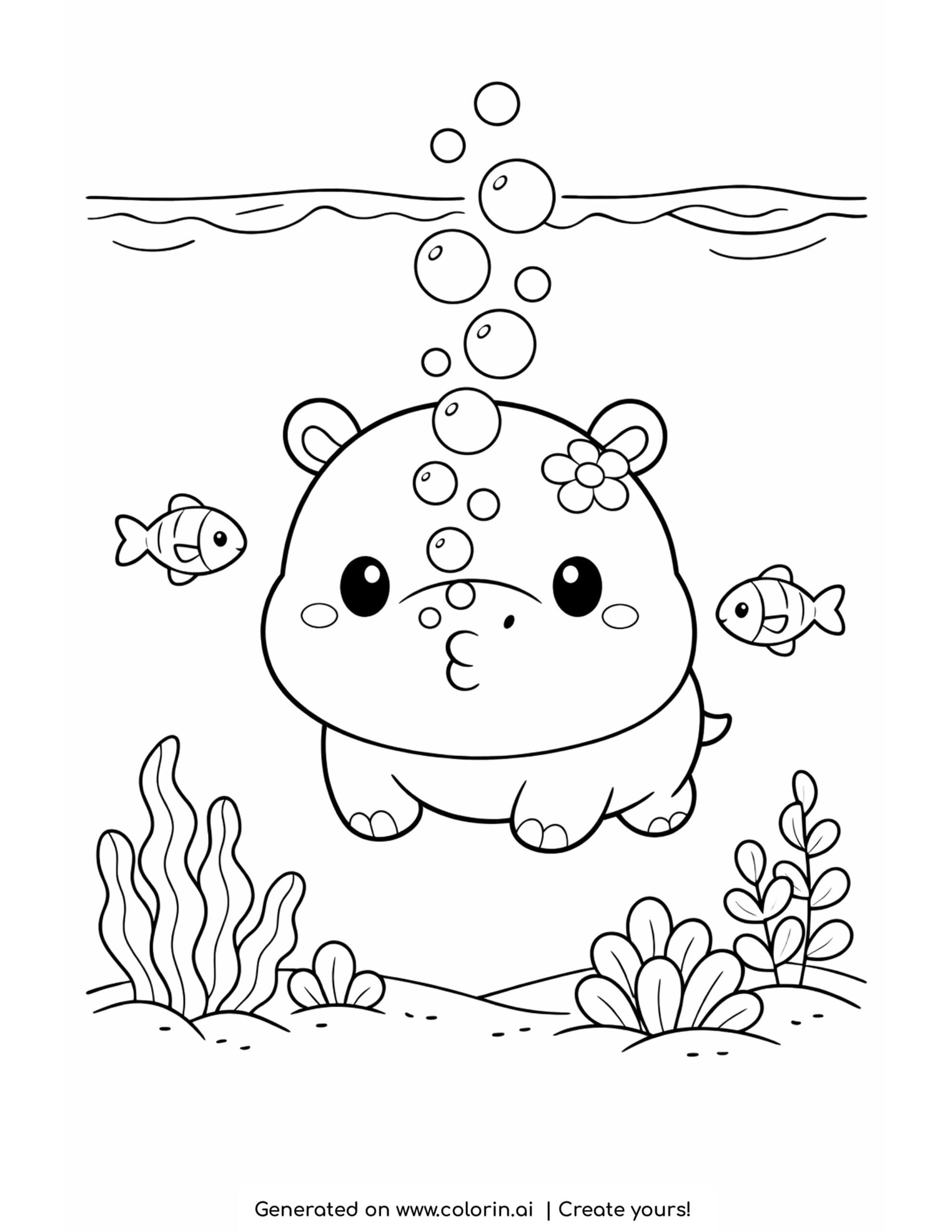 cute hippo coloring pages, a kawaii hippo blowing bubbles underwater with fish