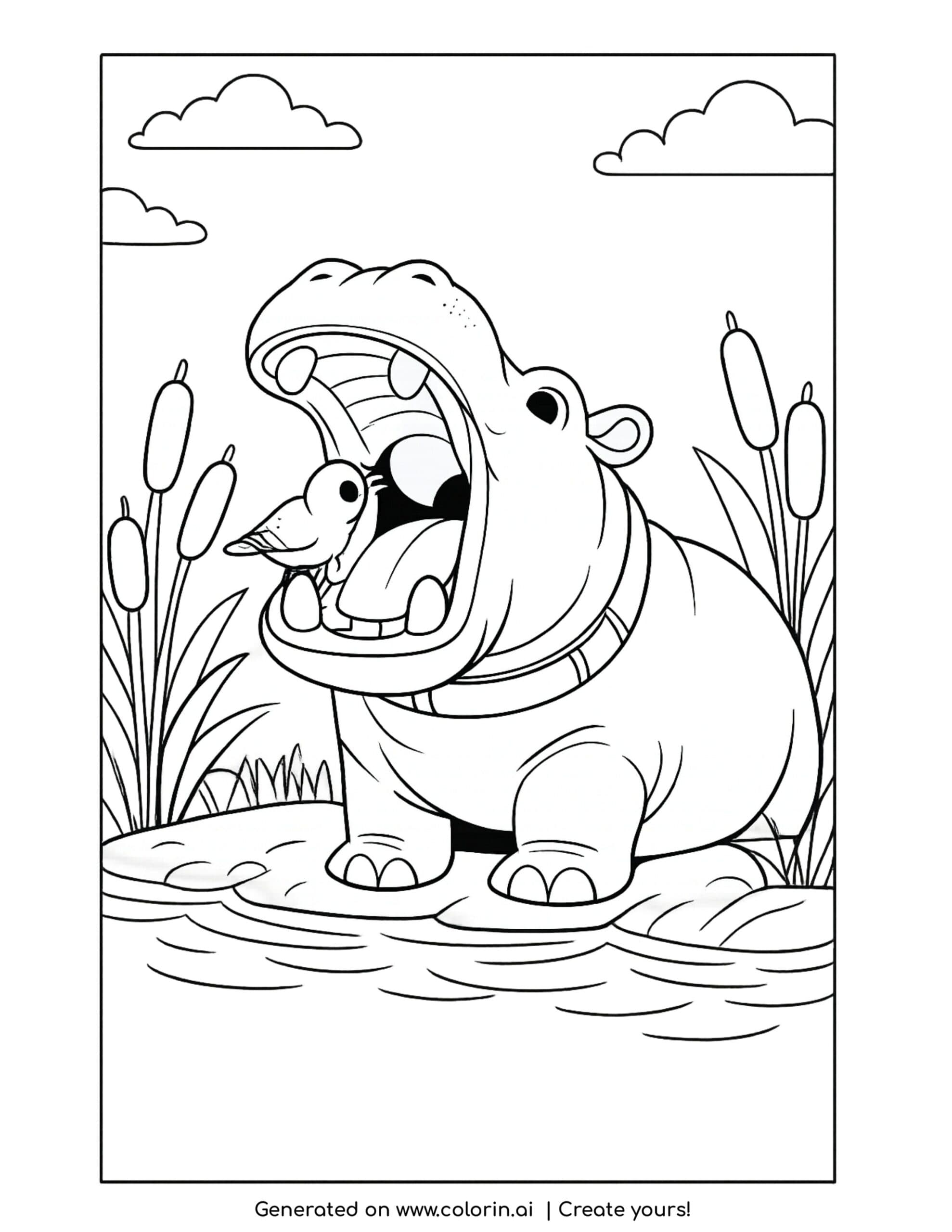 hippo coloring pages, a happy hippo with a great big open-mouthed yawn and a little bird near its mouth