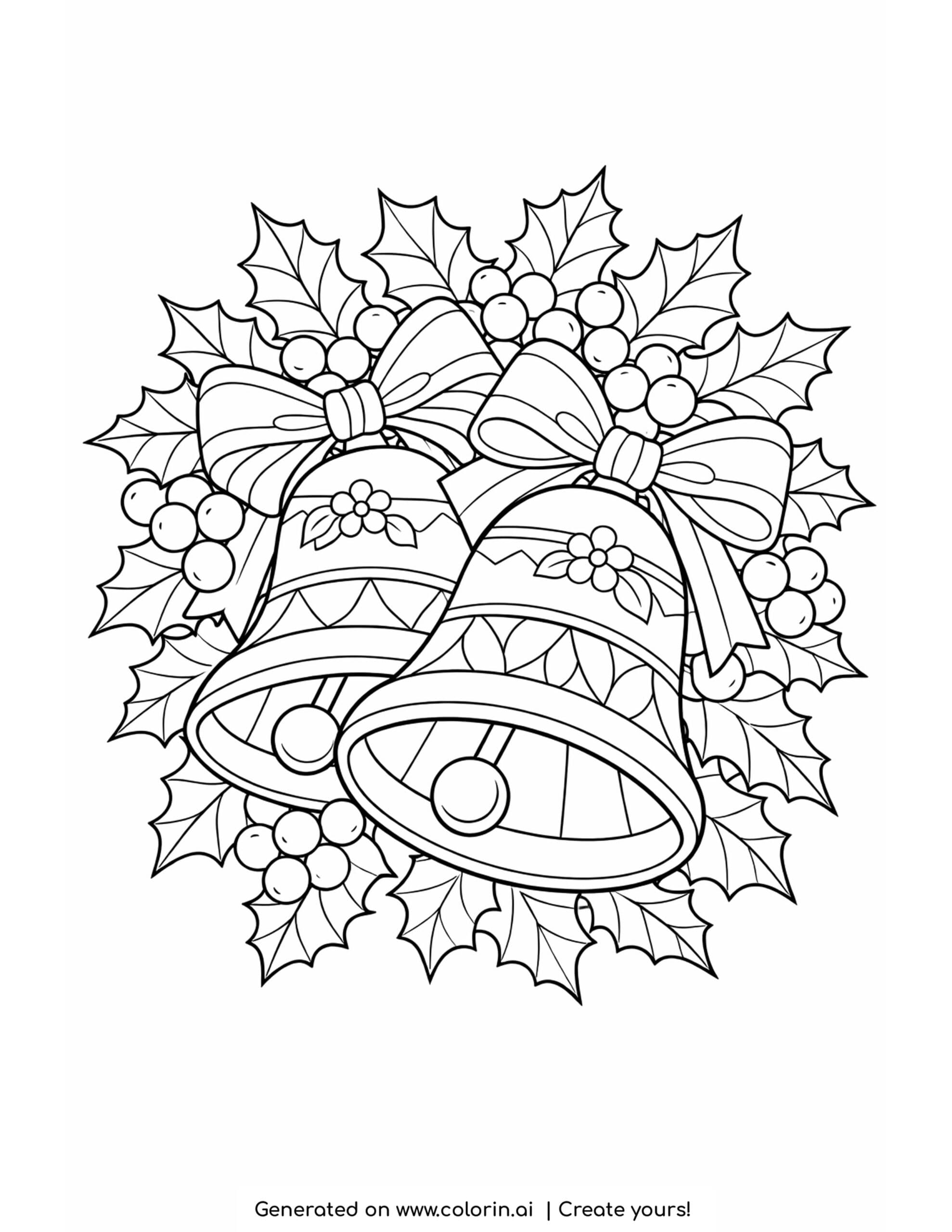 christmas adult coloring pages, two ornate bells with patterned bands and bows surrounded by holly leaves and berries