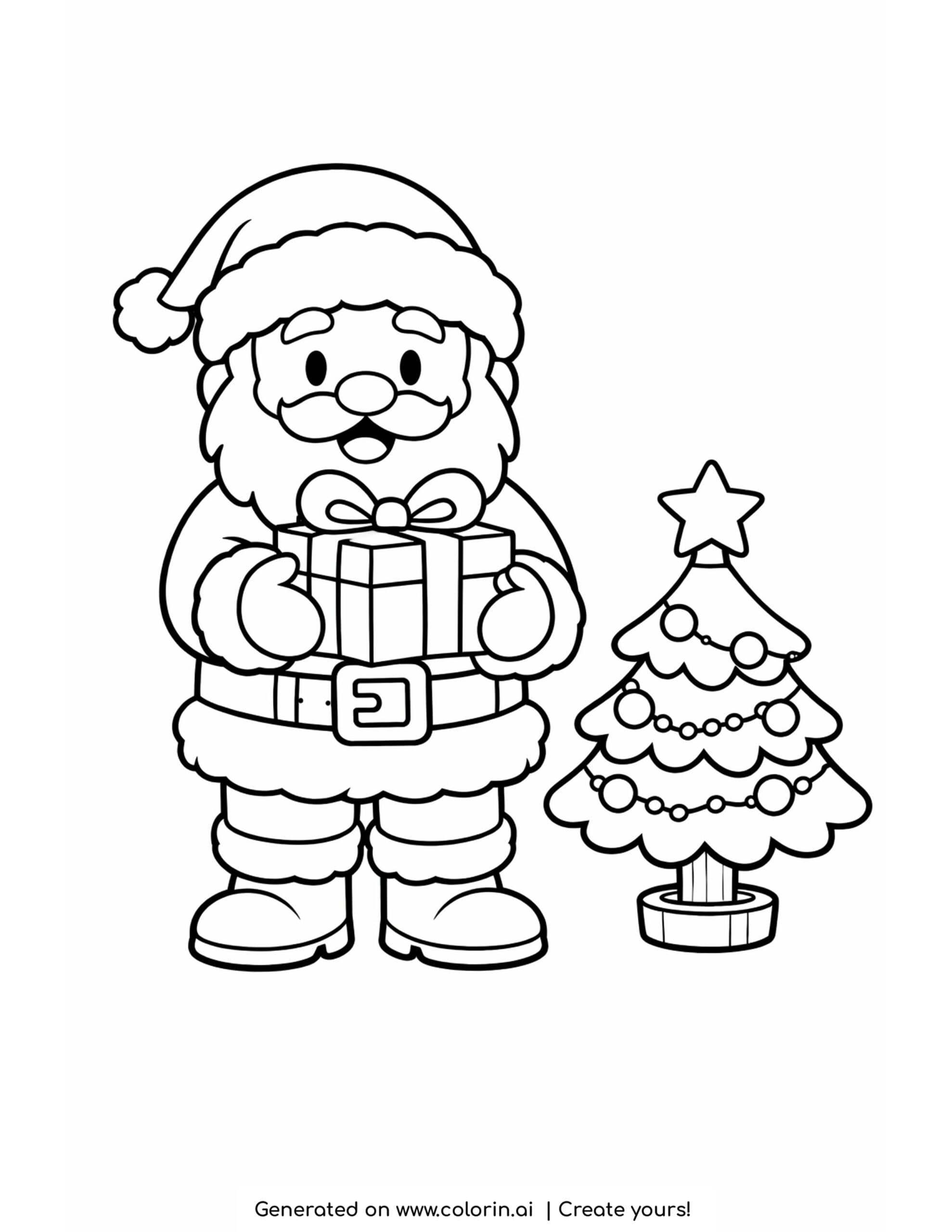 free christmas coloring pages, a jolly Santa holding a wrapped gift beside a small decorated Christmas tree