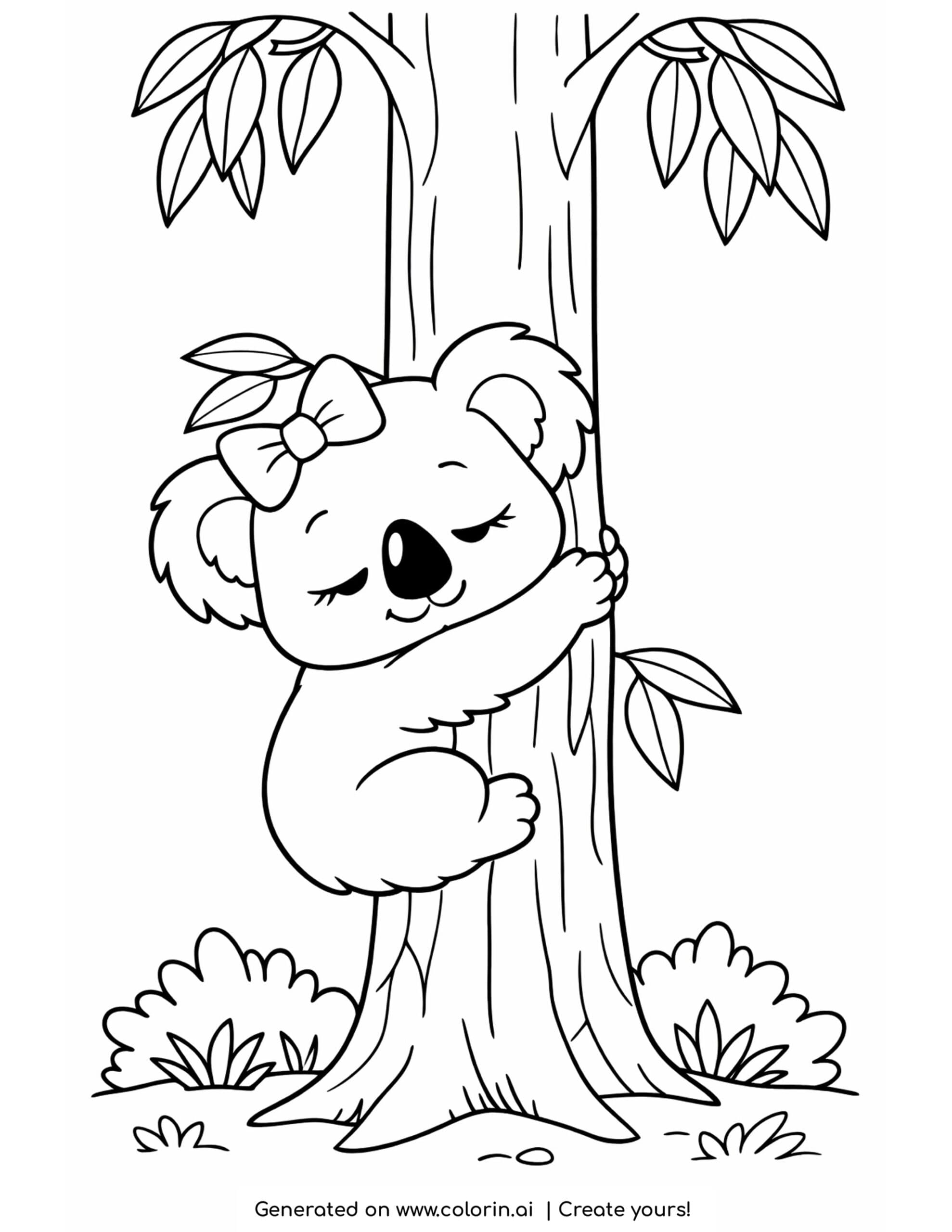 koala coloring pages, a sleepy koala with a bow hugging a tall eucalyptus tree trunk