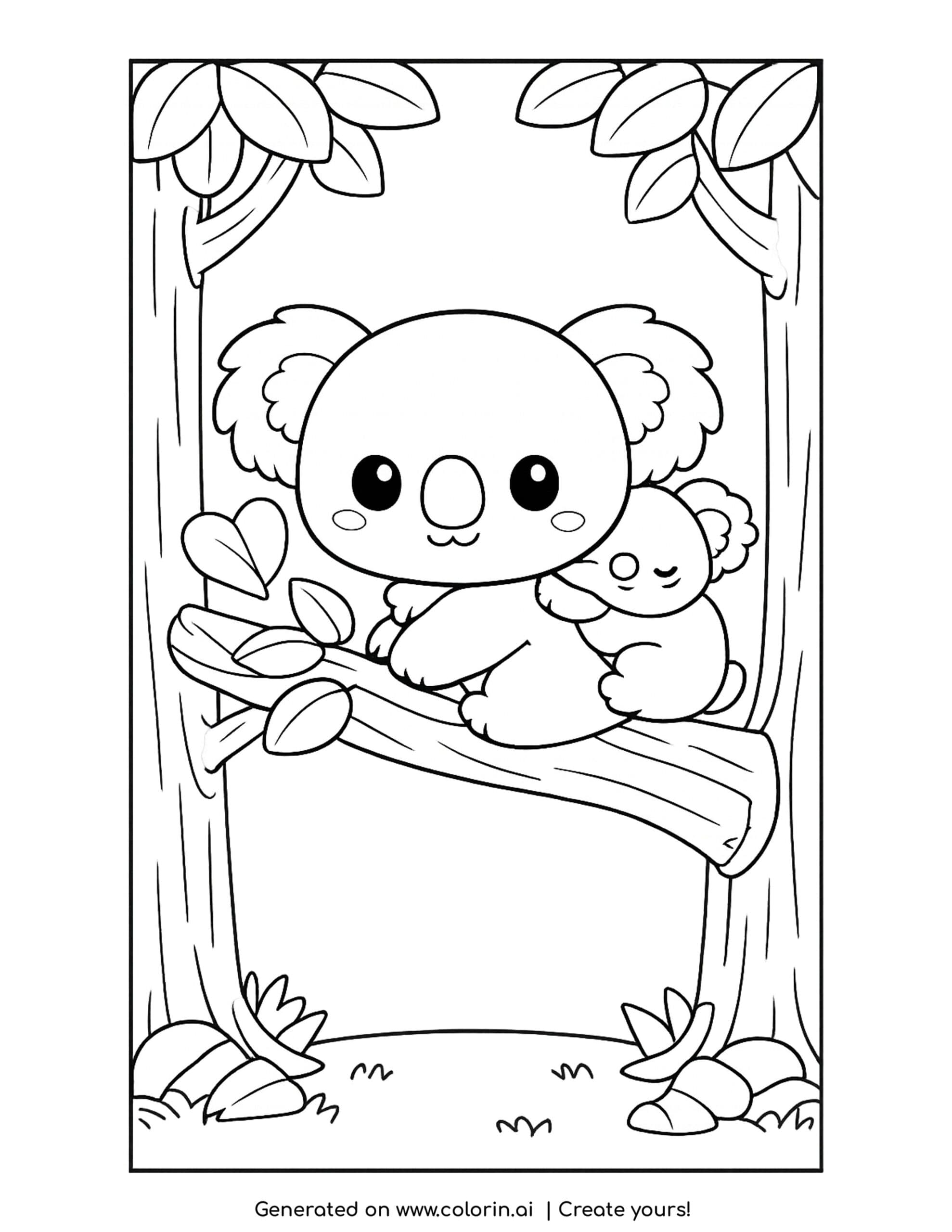 cute koala coloring pages, a koala sitting on a branch with a sleepy baby koala riding on its back
