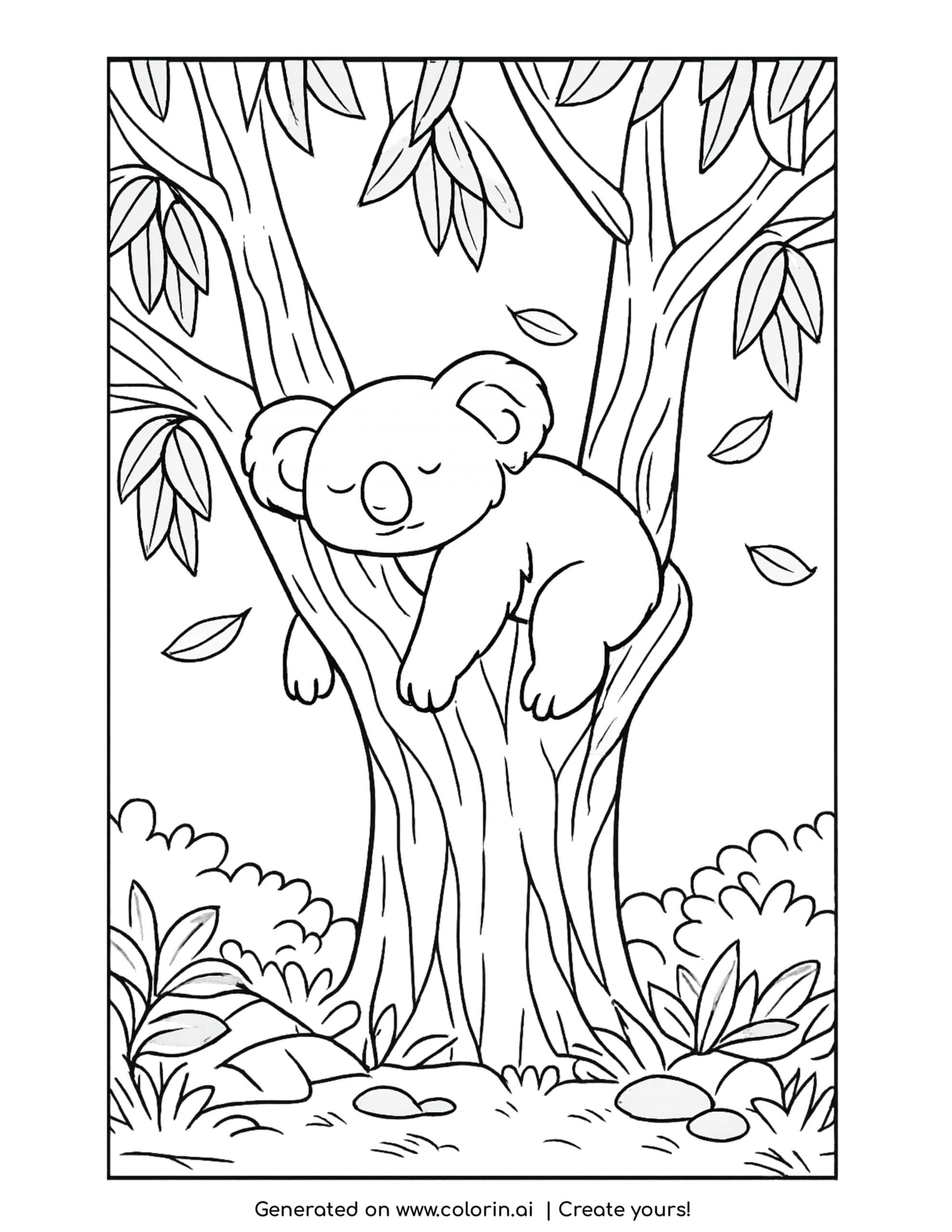 koala coloring pages, a sleepy koala snoozing in the fork of a eucalyptus tree