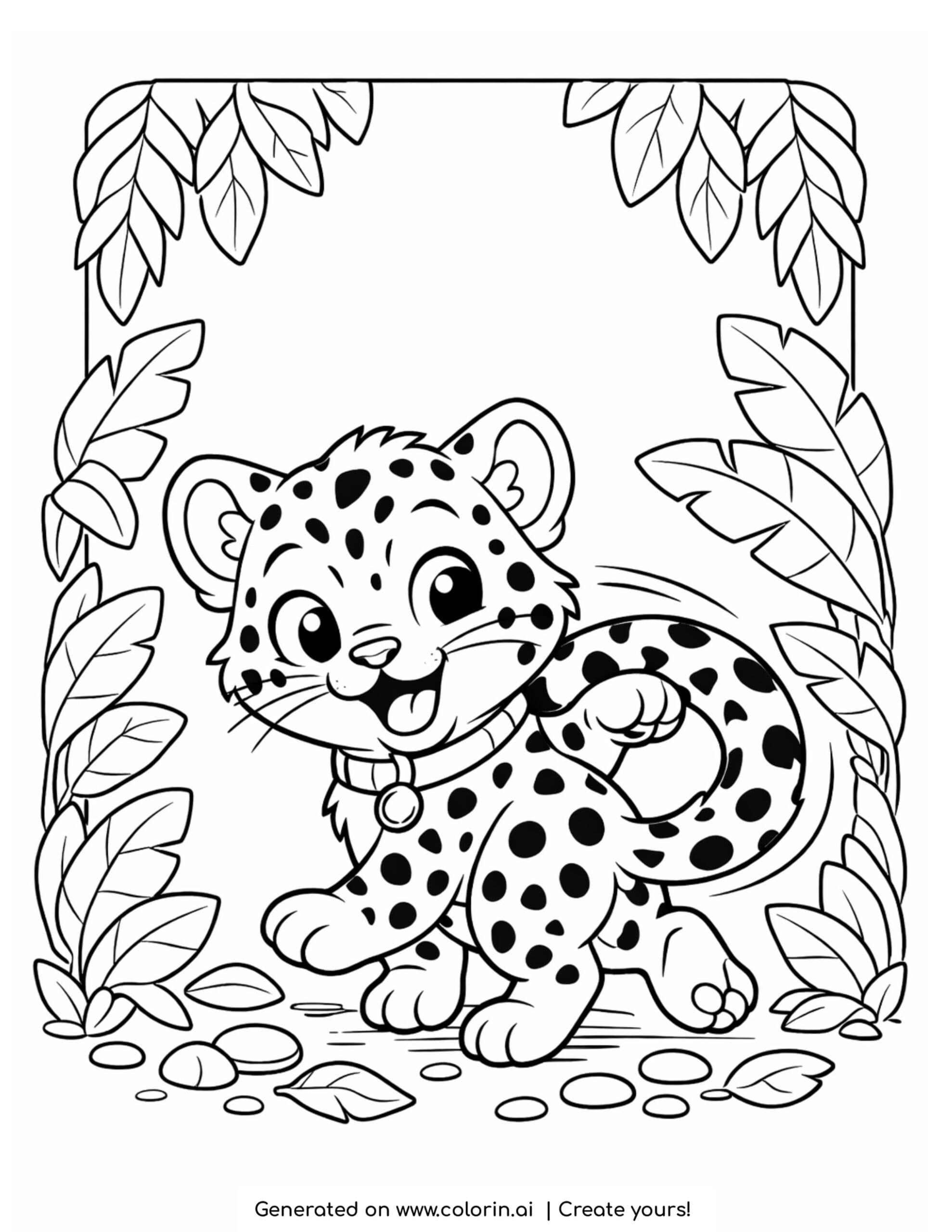 leopard coloring pages, a leopard cub with a collar chasing its own tail
