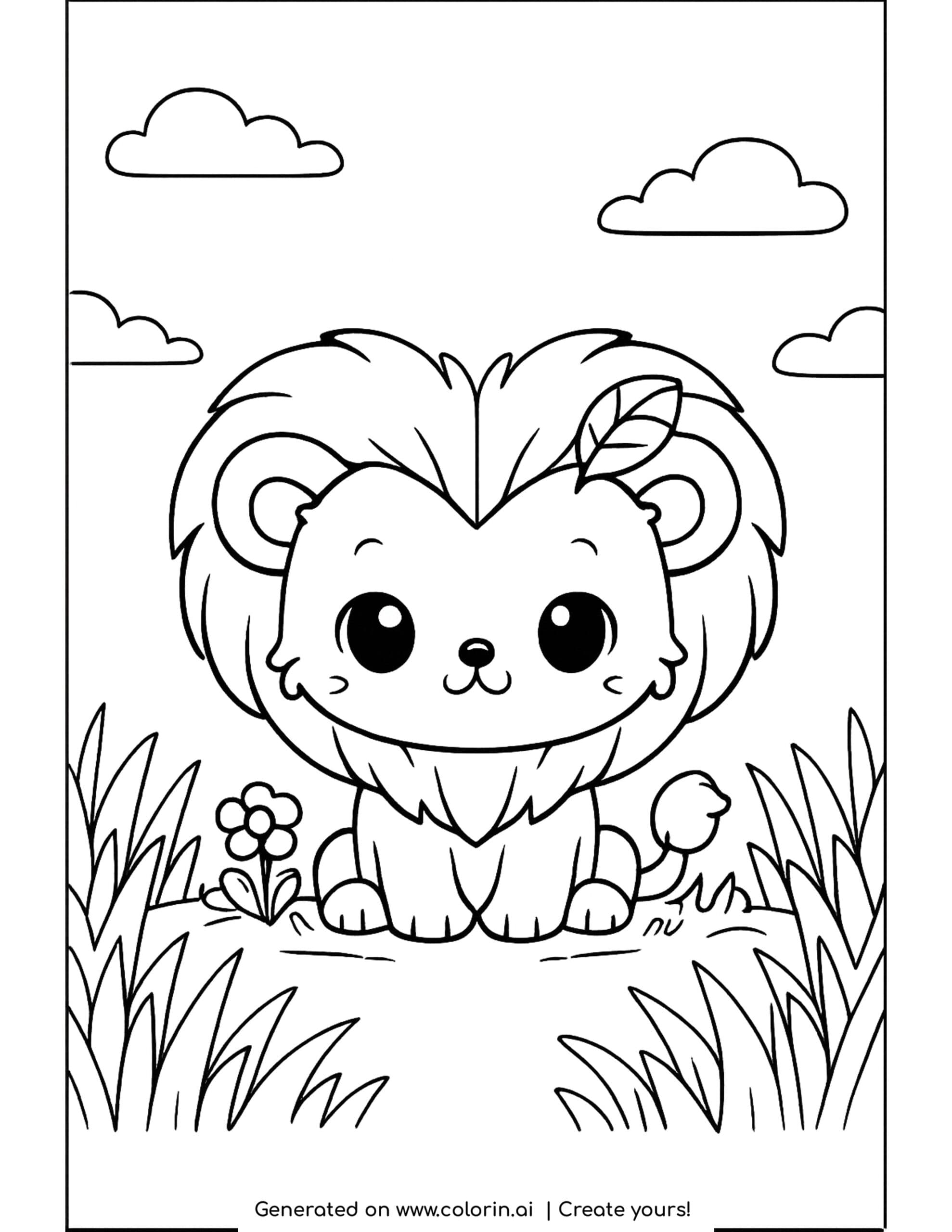 lion coloring pages, a kawaii lion cub with a heart-shaped mane sitting in the grass