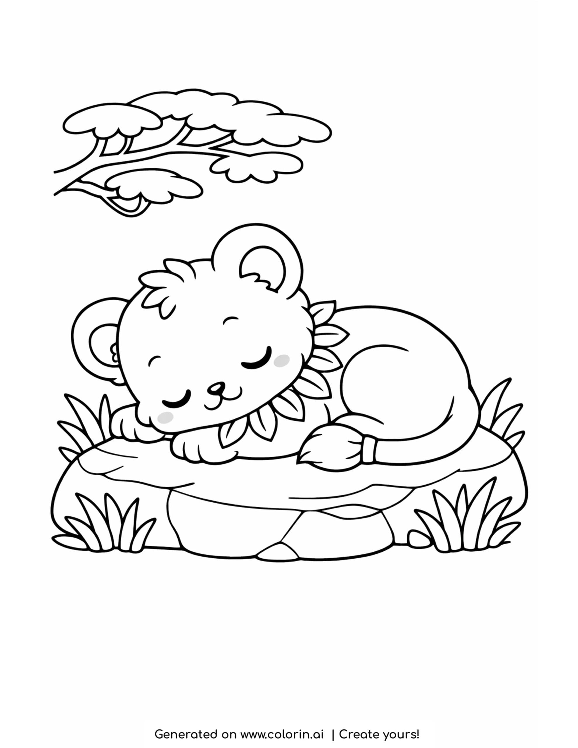 lion coloring pages, a sleepy lion cub napping curled up on a warm rock under a tree