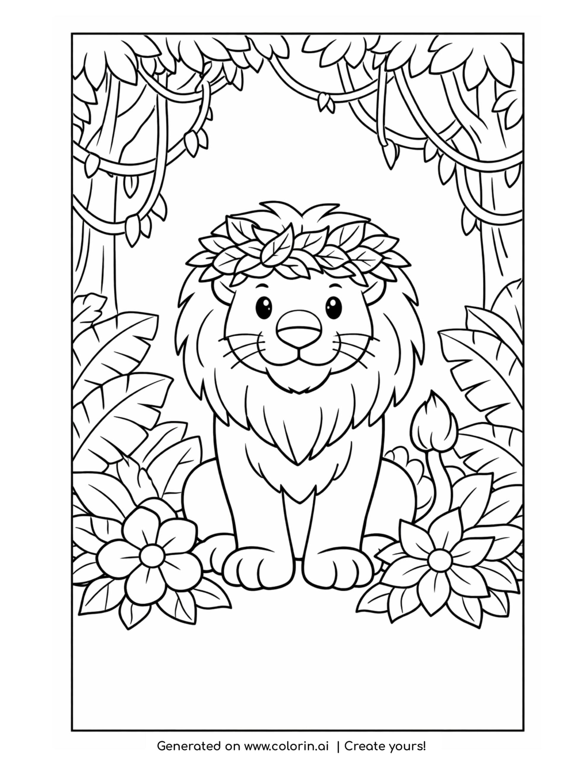 lion coloring pages, a friendly lion sitting with a crown of leaves on its mane among jungle vines and flowers