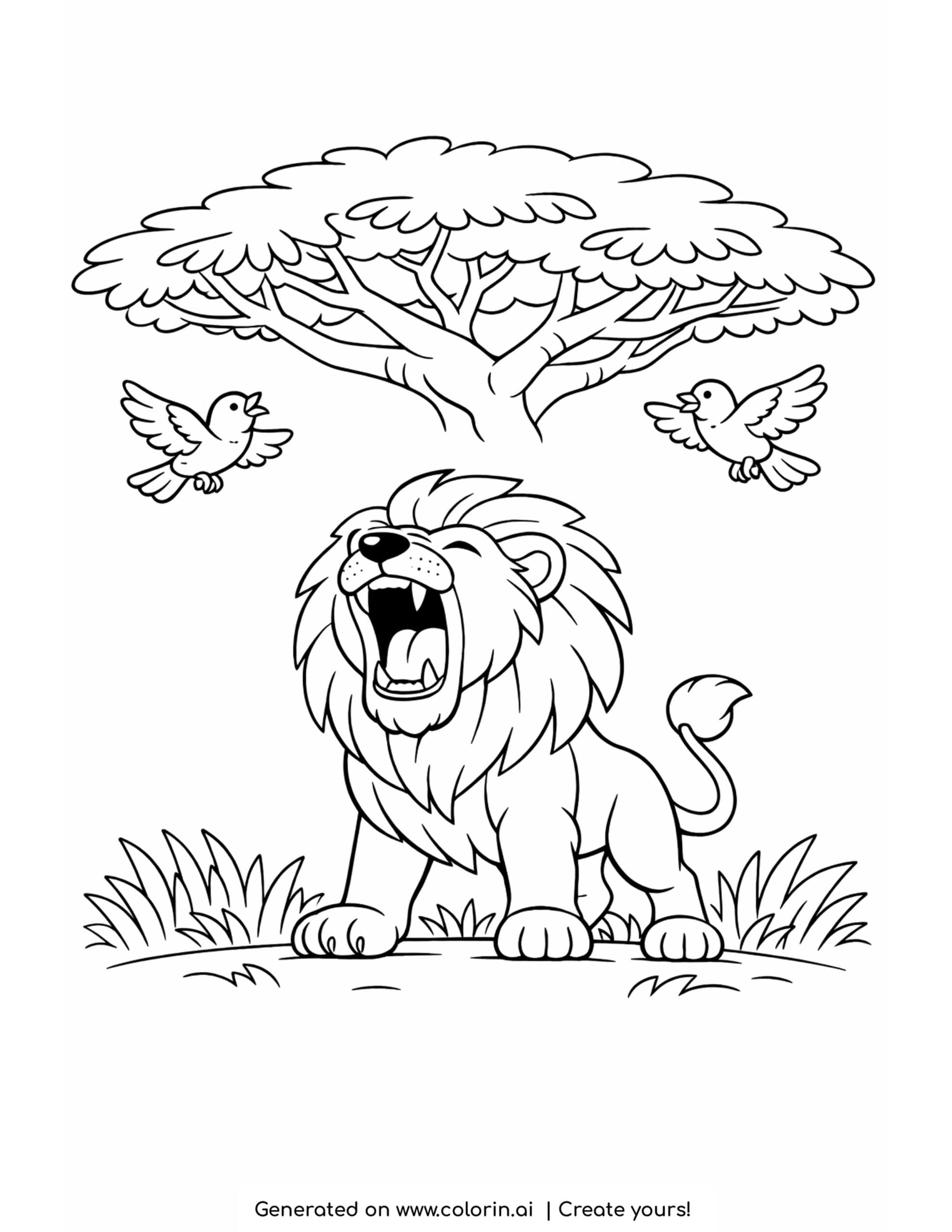 lion coloring pages, a proud lion roaring under a big acacia tree with two birds flying nearby