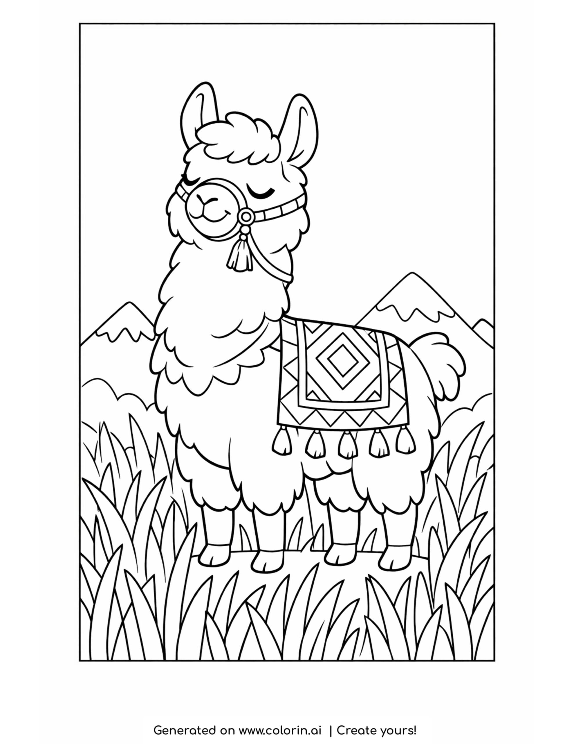 llama coloring pages, a fluffy llama wearing a patterned blanket and bridle standing in grass with mountains