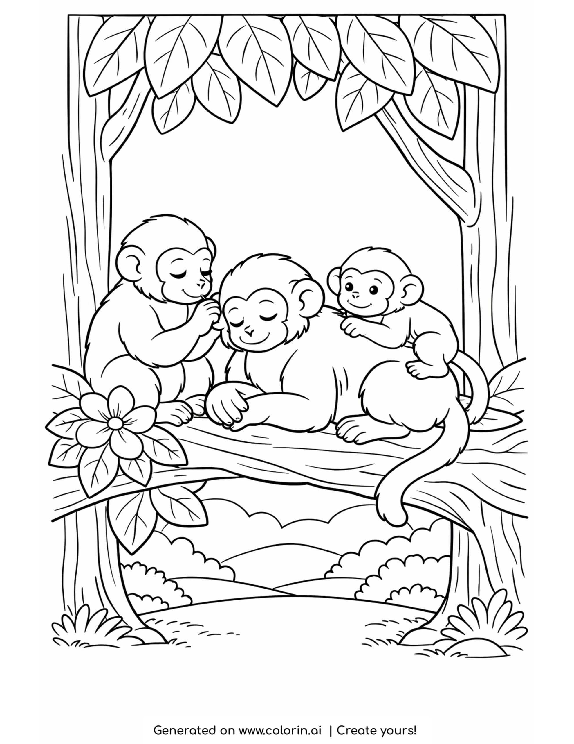 monkey coloring pages, a monkey family resting together on a branch in a leafy treetop with a flower