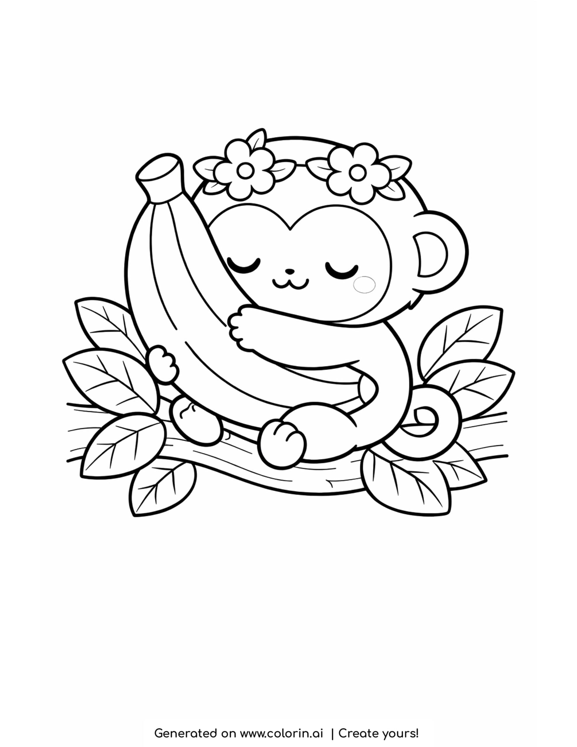 cute monkey coloring pages, a happy monkey hugging a big banana while resting on a leafy branch