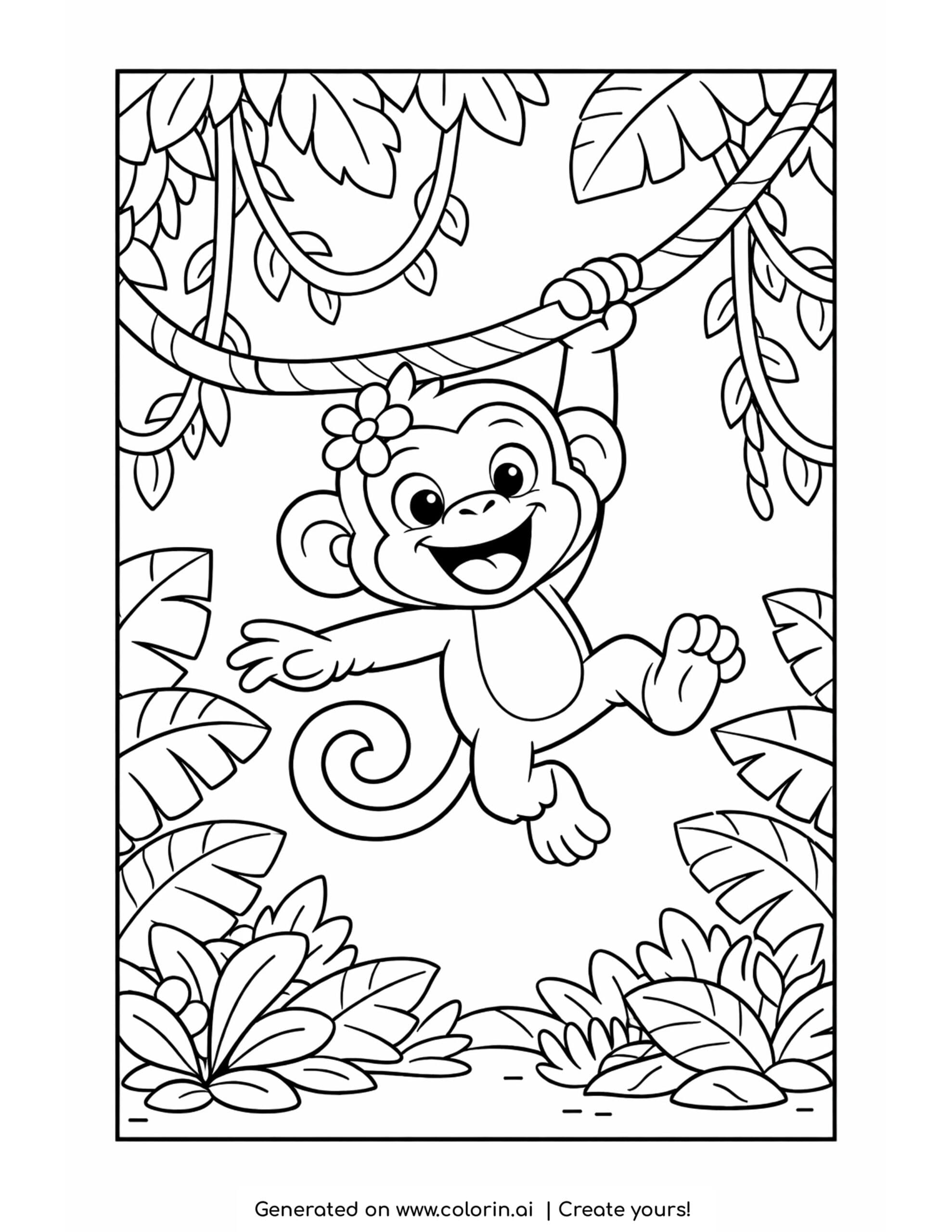 monkey coloring pages, a happy monkey swinging on a jungle vine surrounded by lush leaves