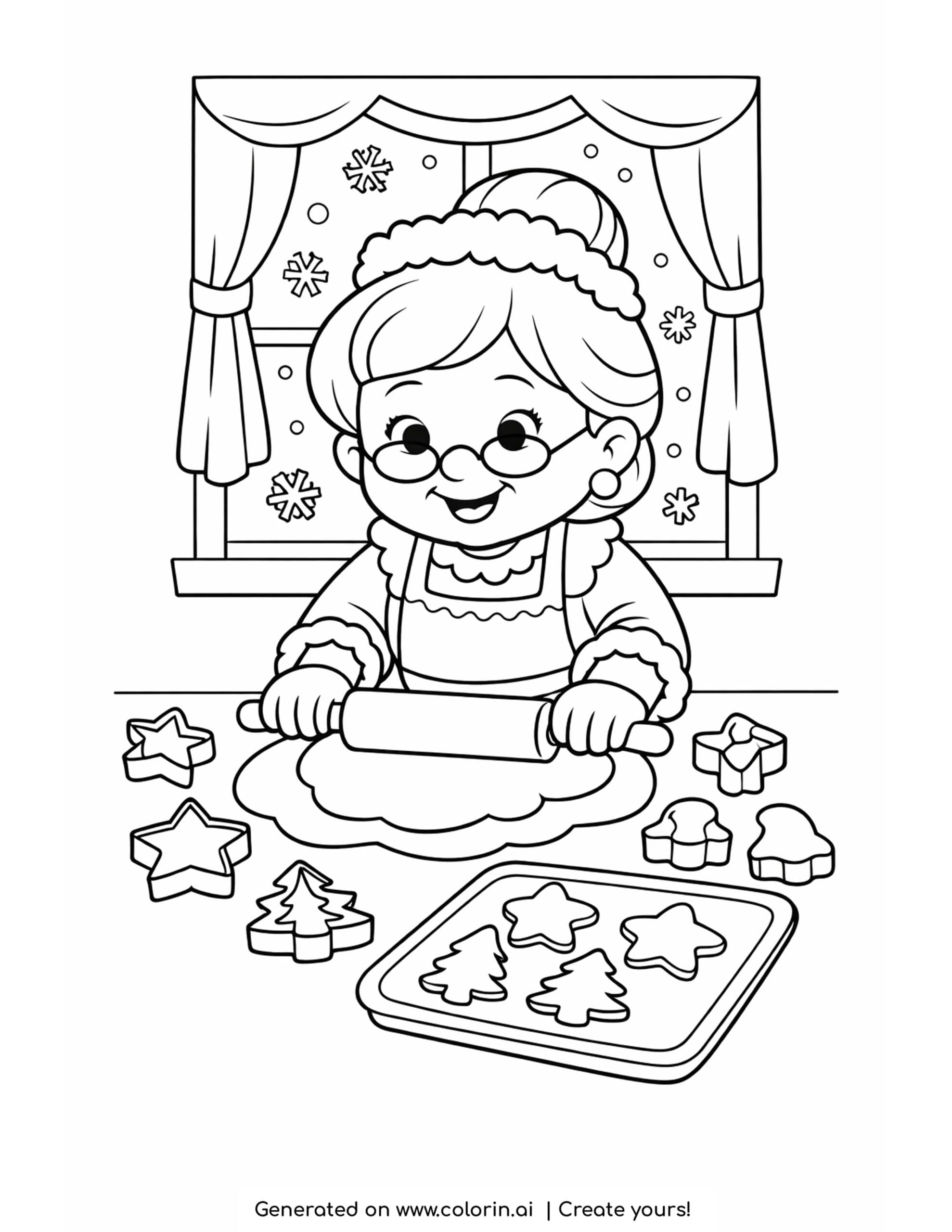 free christmas coloring pages, Mrs Claus rolling dough and baking Christmas cookies by a snowy window