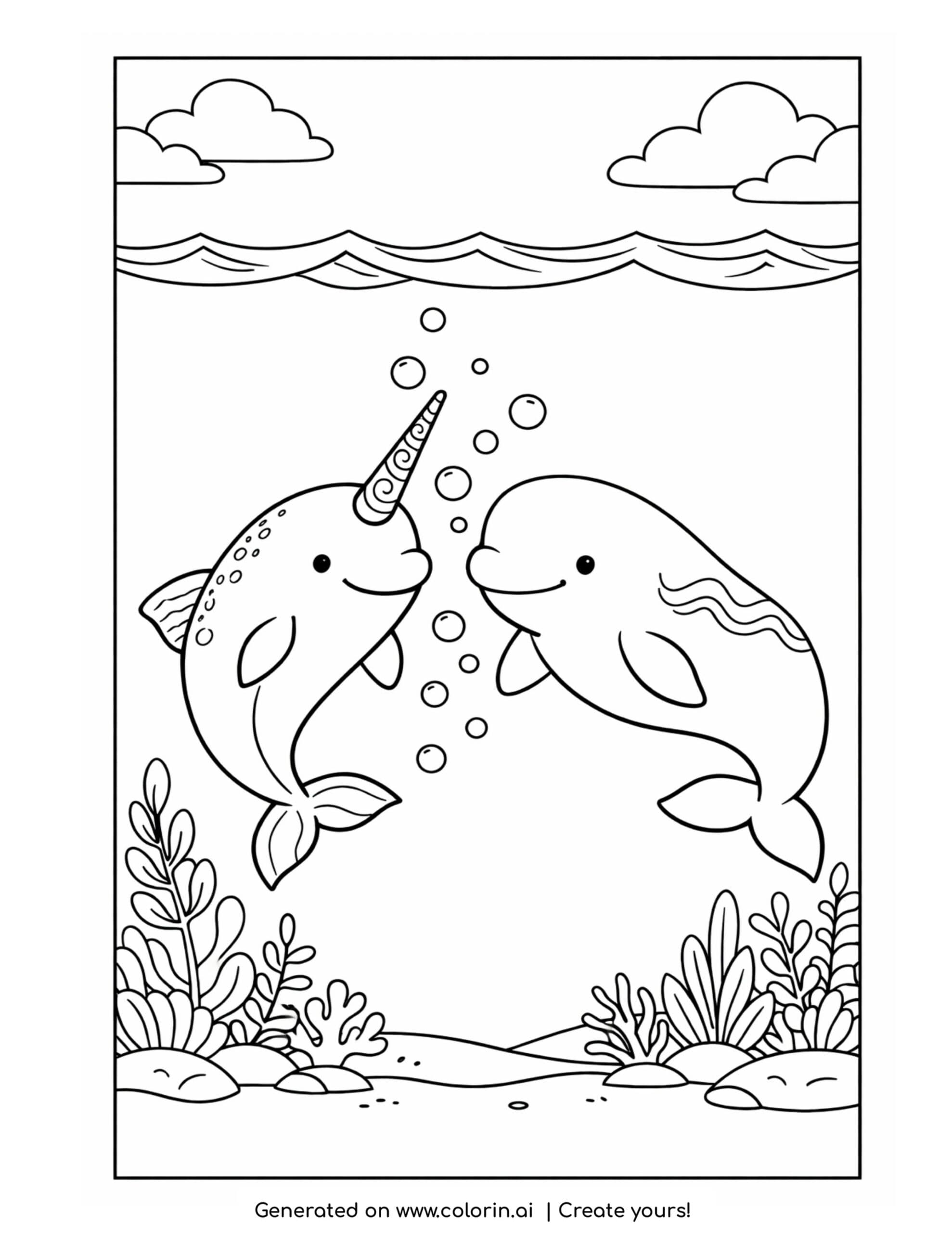 narwhal coloring pages, a narwhal and a beluga whale swimming together underwater with bubbles and seaweed