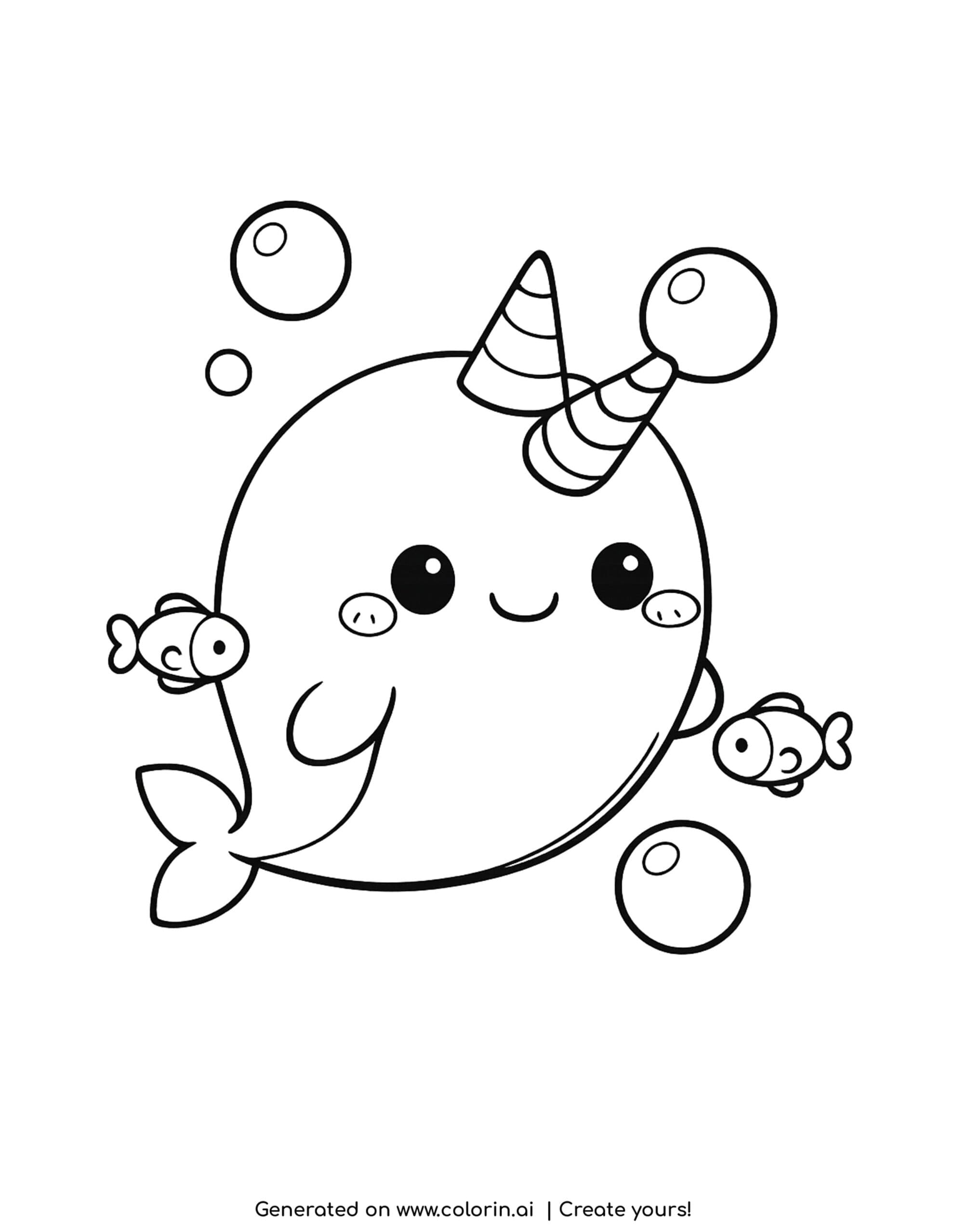 cute narwhal coloring pages, a smiling narwhal with a striped party hat shaped tusk swimming with little fish and bubbles