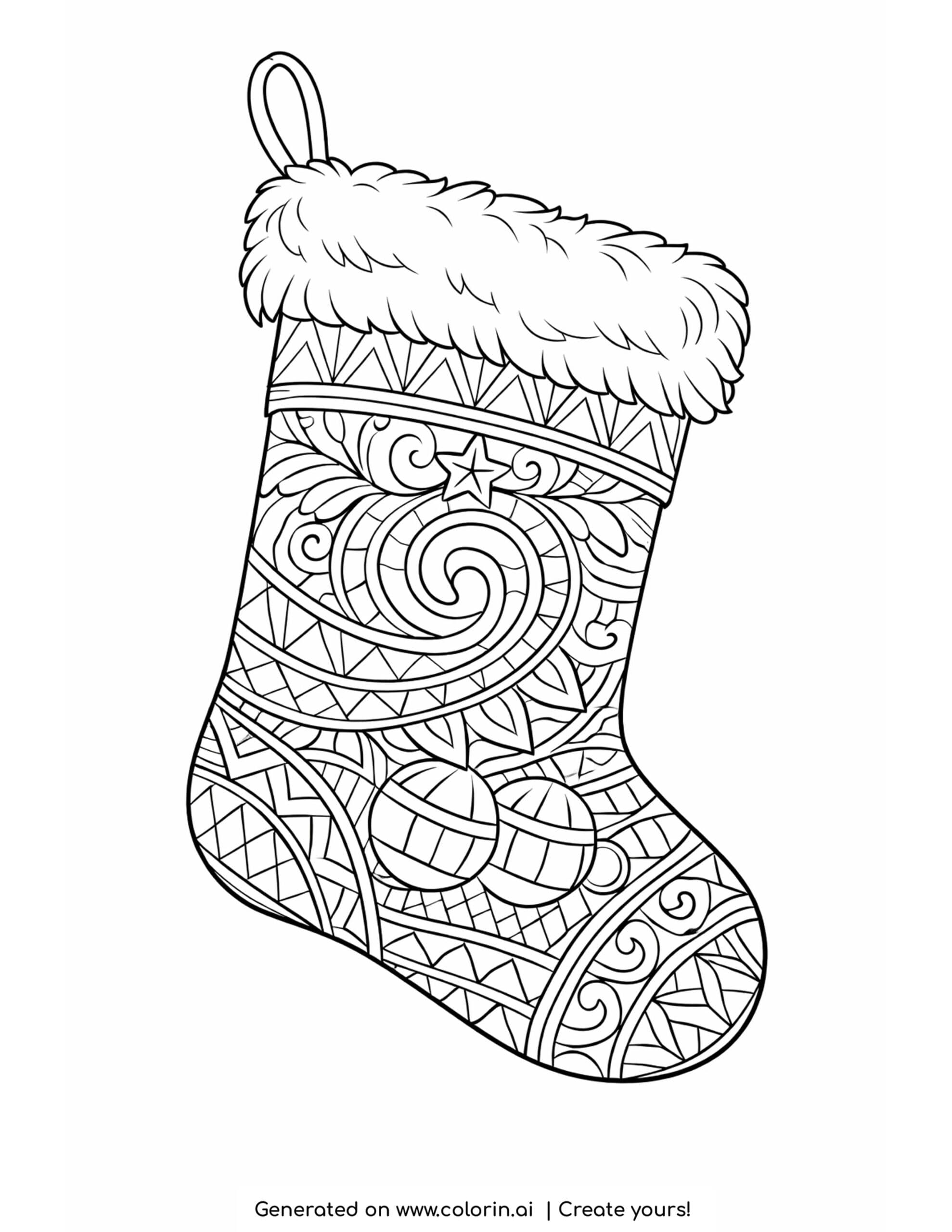 adult christmas coloring pages, an ornate Christmas stocking filled with patterns, swirls, and stars with a fluffy cuff