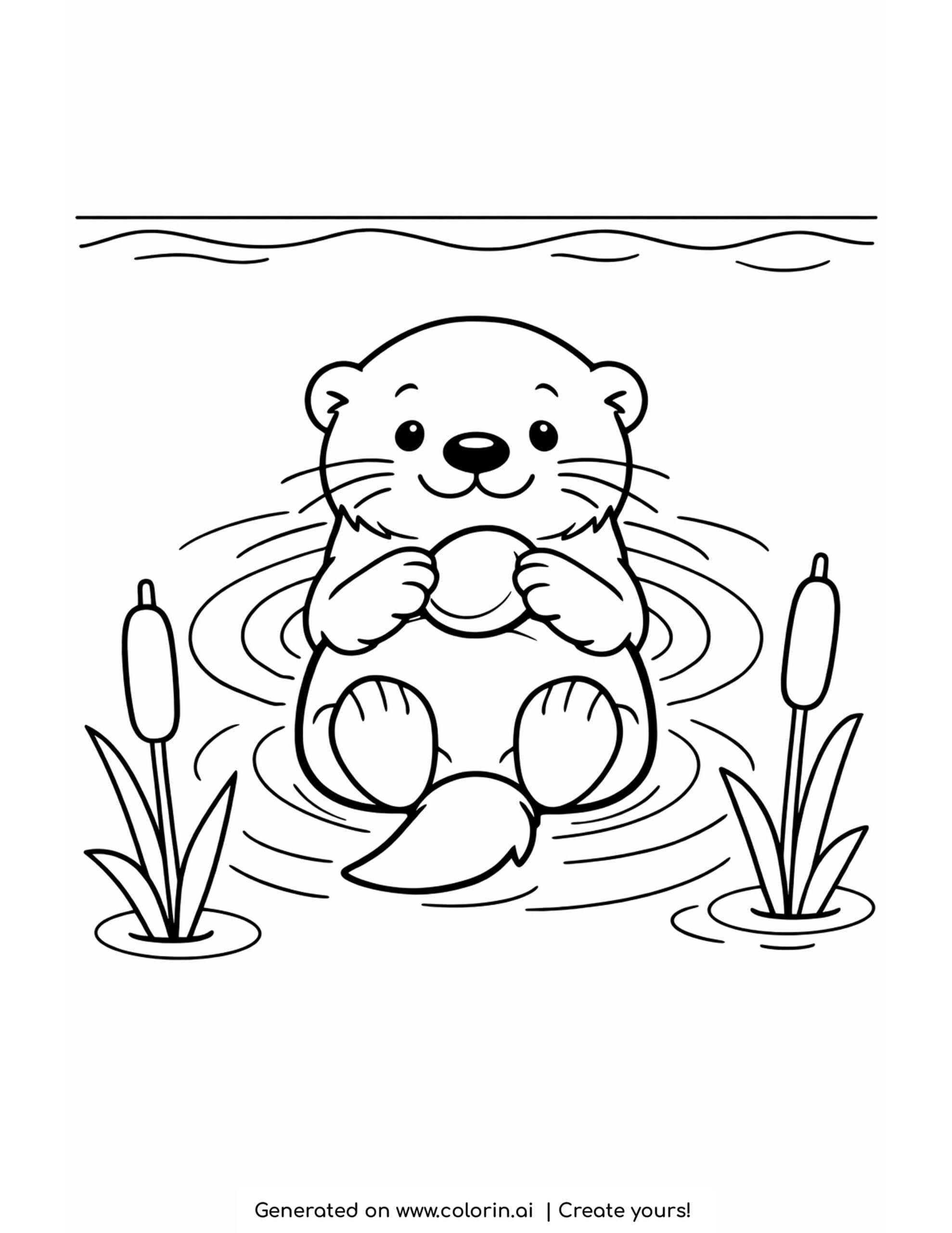 otter coloring pages, an otter floating on its back holding a round pebble with ripples and cattails