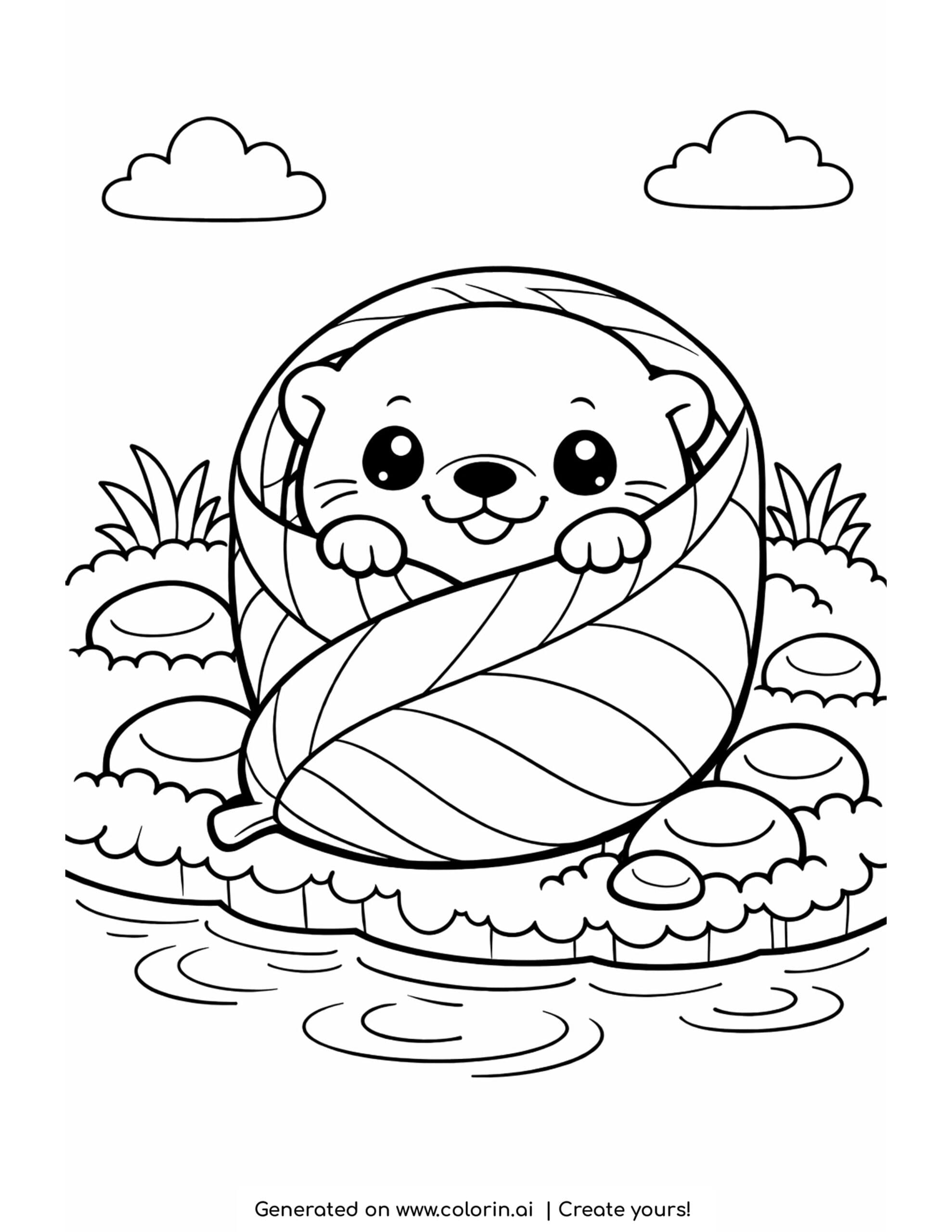 cute otter coloring pages, a happy otter wrapped snugly in a large leaf blanket beside the water