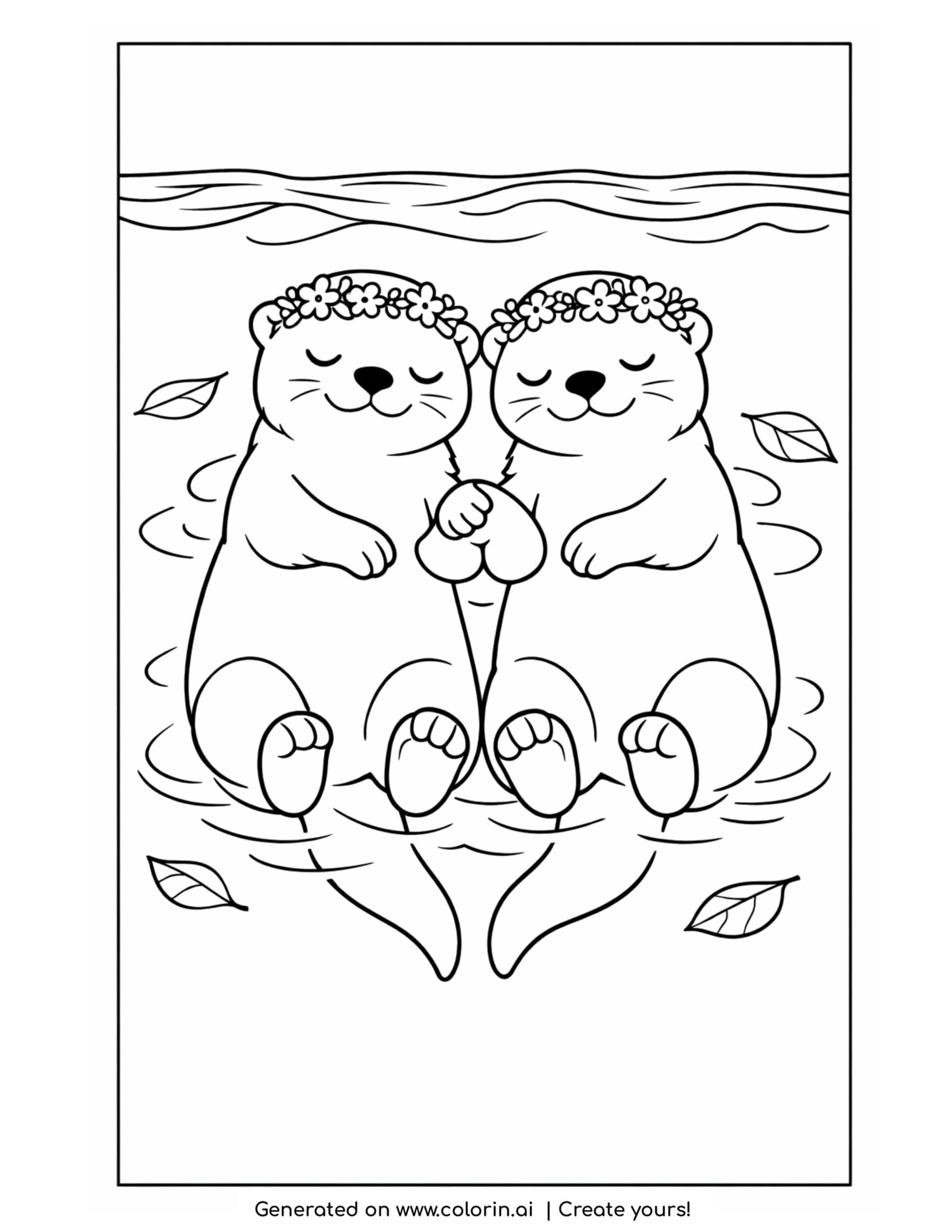 otter coloring pages, two otters floating on their backs holding paws asleep with little flower crowns