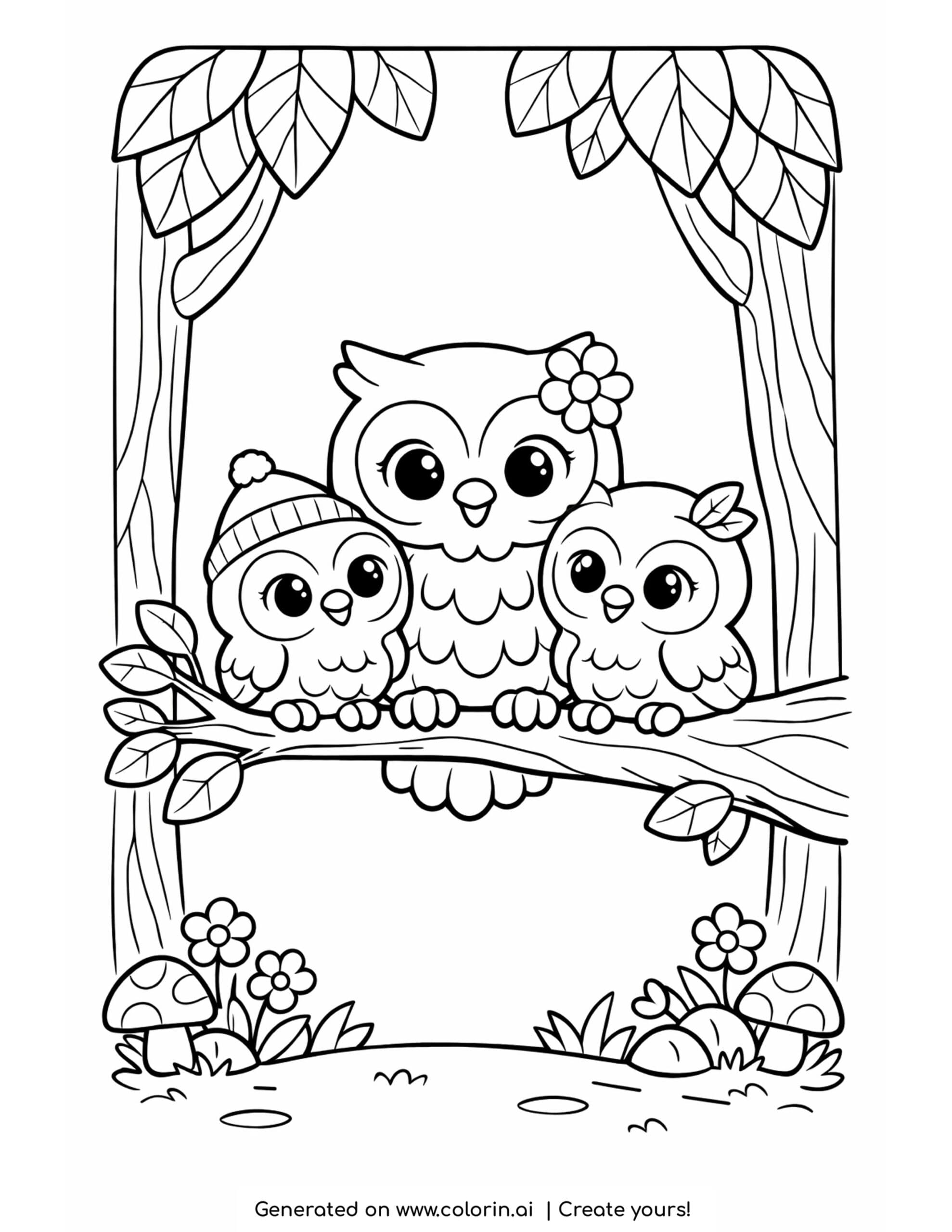 owl coloring pages, an owl family of three perched together on a branch