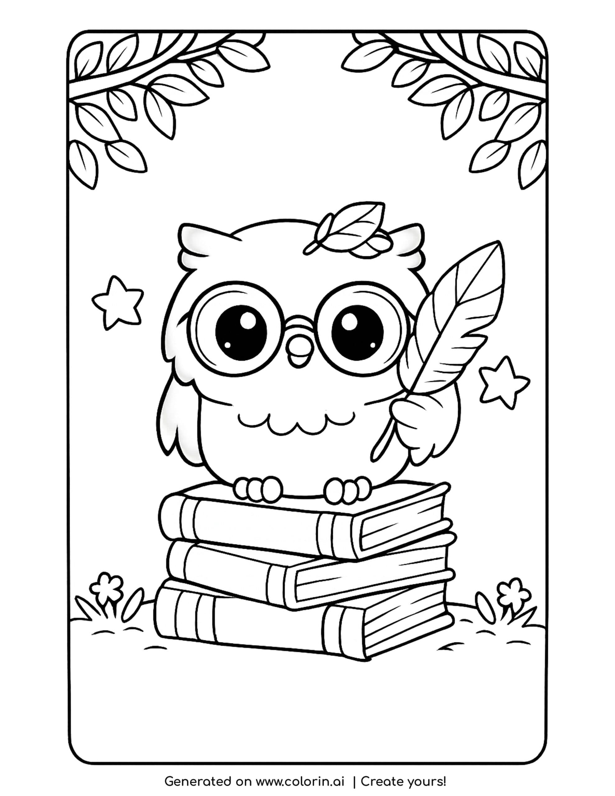 cute owl coloring pages, a round owl wearing glasses perched on a stack of books holding a feather