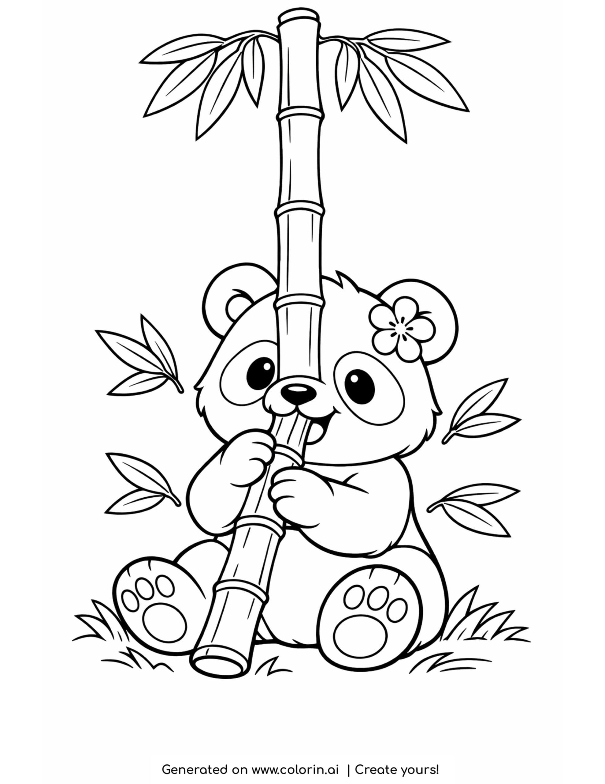 panda coloring pages, a happy panda sitting and munching a tall bamboo stalk with a flower by its ear