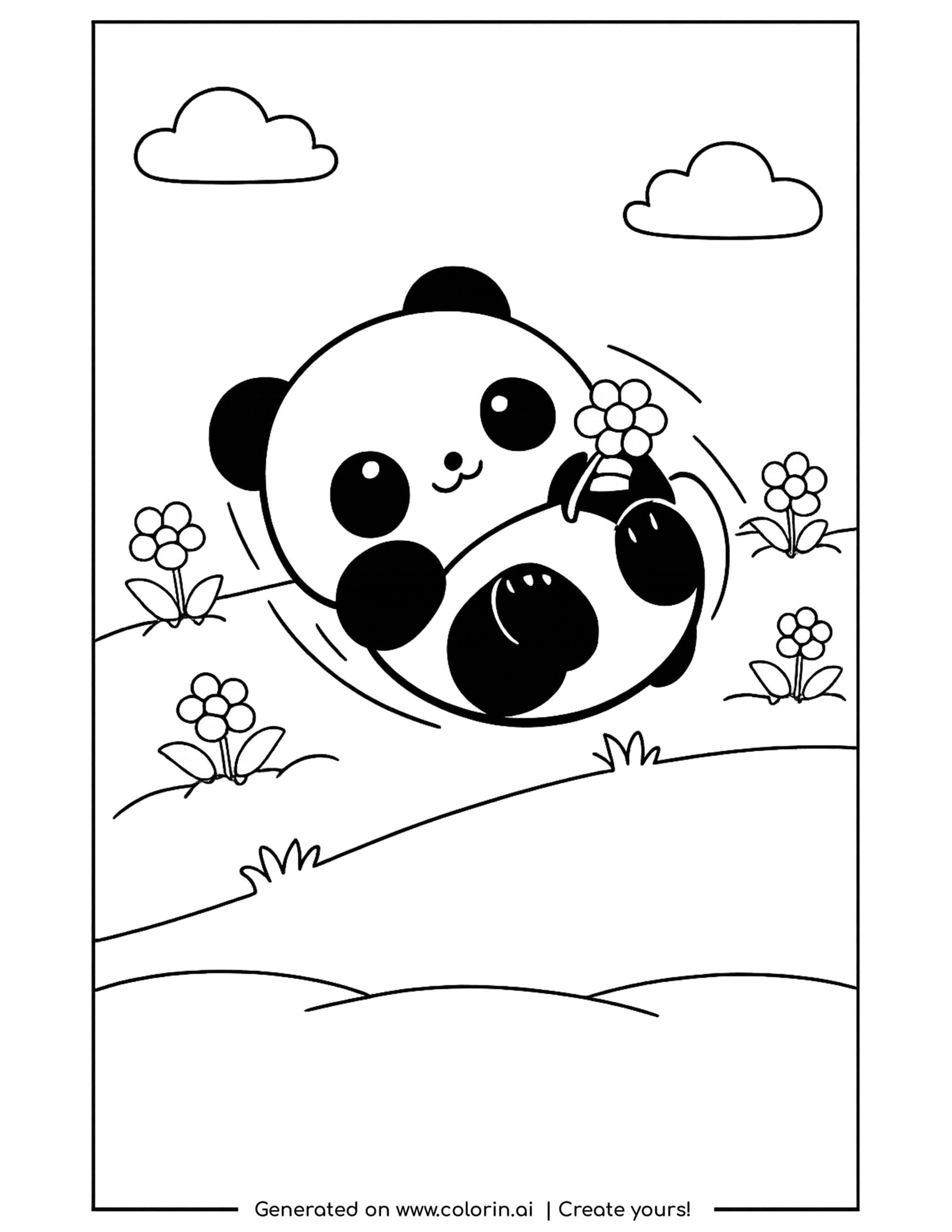 cute panda coloring pages, a happy panda rolling down a grassy hill holding a flower with clouds above