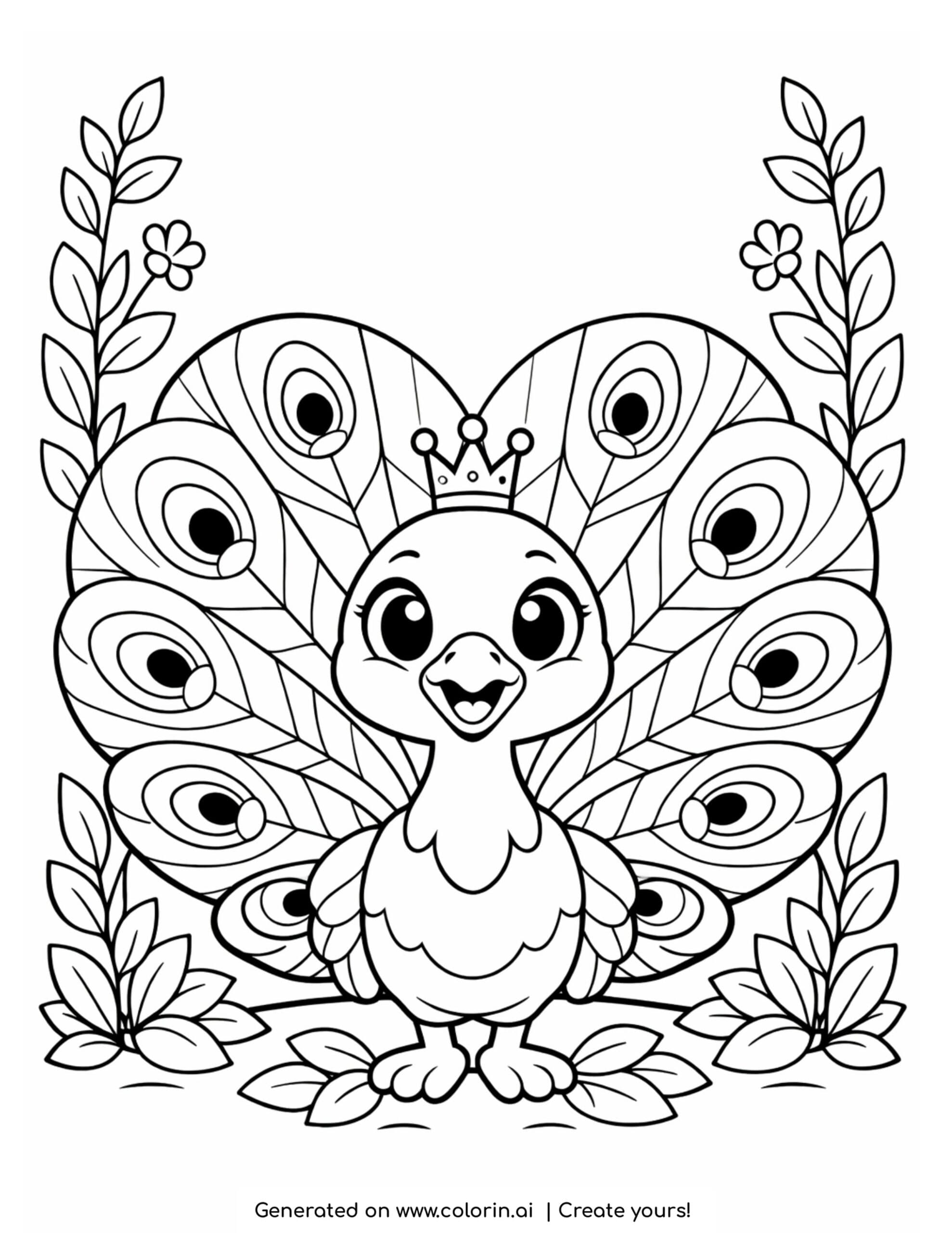 peacock coloring pages, a peacock with a heart-shaped tail of feathers