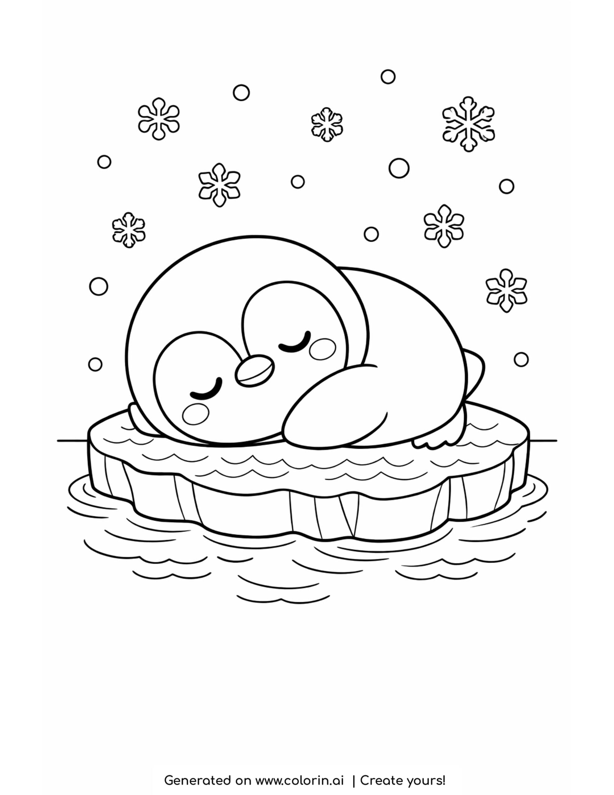 cute penguin coloring pages, a sleepy penguin curled up asleep on a drifting iceberg with falling snowflakes